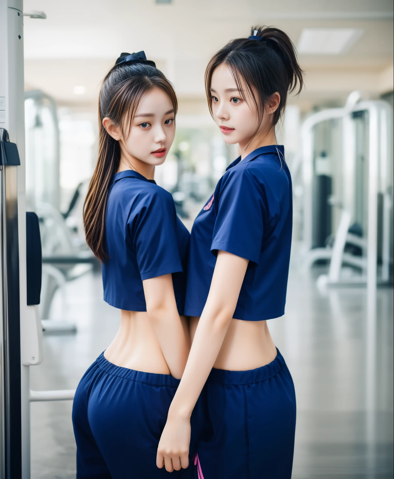 2 girls in fitness center, Navy blue short-sleeved shirt,Navy Long Trackpant,Sweatpants, Sweatpantsขายาว,25 year old girl, lesbian, sexy, exercise clothes, wet body, from behind, focus ass