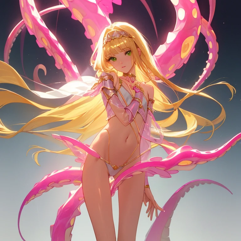 {{{{amazing quality, great quality, high quality, very aesthetic, aesthetic, best quality}}}},
realistic, photo, shadow, Three-dimensional, absurdres, Digital art,
{{{{Princess Knight}}}}, beautiful girl, one girl,
blonde hair, long straight hair, hair, trimmed hair, shiny hair, blunt bangs, short sideburns,
green eyes, tareme,
{{flat chest}}, {{small breasts}}, {{detailed body}}, slim thighs, thin thighs,
{transparent pink tentacles bikini armor}, {golden arm armor}, {golden leg armor},
{covered navel}, {visible chest}, {both shoulders expose},
heart brooch, heart-shaped choker on left arm, white headband, white circlet, white cloak, sword, Multiple transparent pink tentacles wraps around to the girl's chest, Multiple transparent pink tentacles wraps around the girl's crotch, A girl wear multiple transparent pink tentacles,