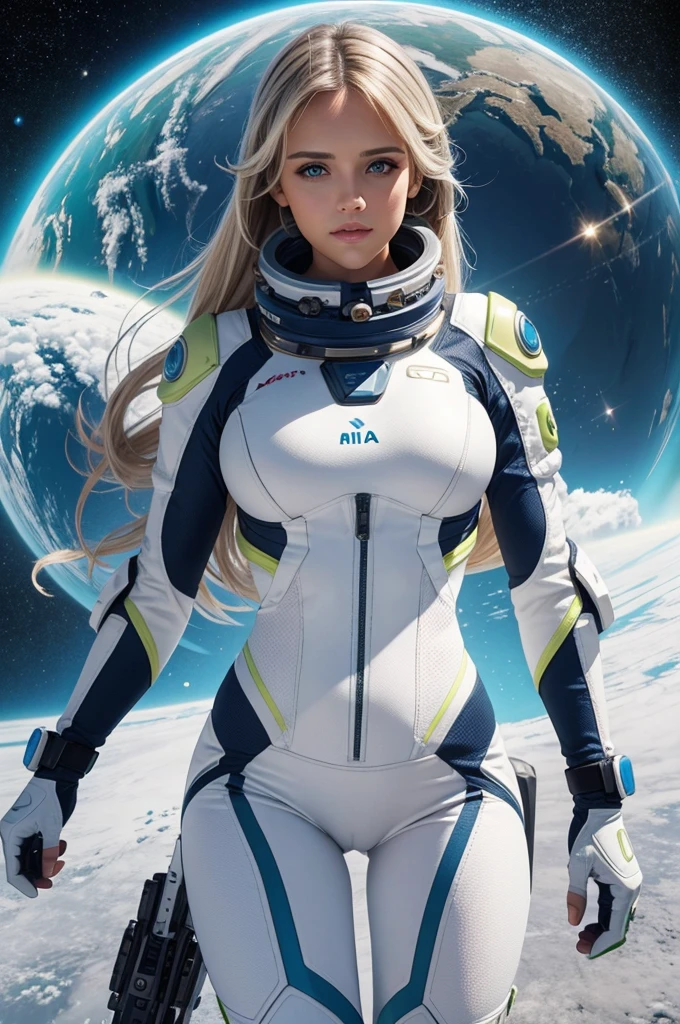 Mia Malkova | Arte Vetorial | segurando uma arma | Look at the camera | Corpo inteiro | poses sensual | Cabelos longos | Spacesuit white and lime | space Background | flying in the space | luz azul predominante | highes definition | ALTOS DETALHES | ESTILO Grafico | TRAJES FUTURISTA | Max Resolution | Arte vetorial