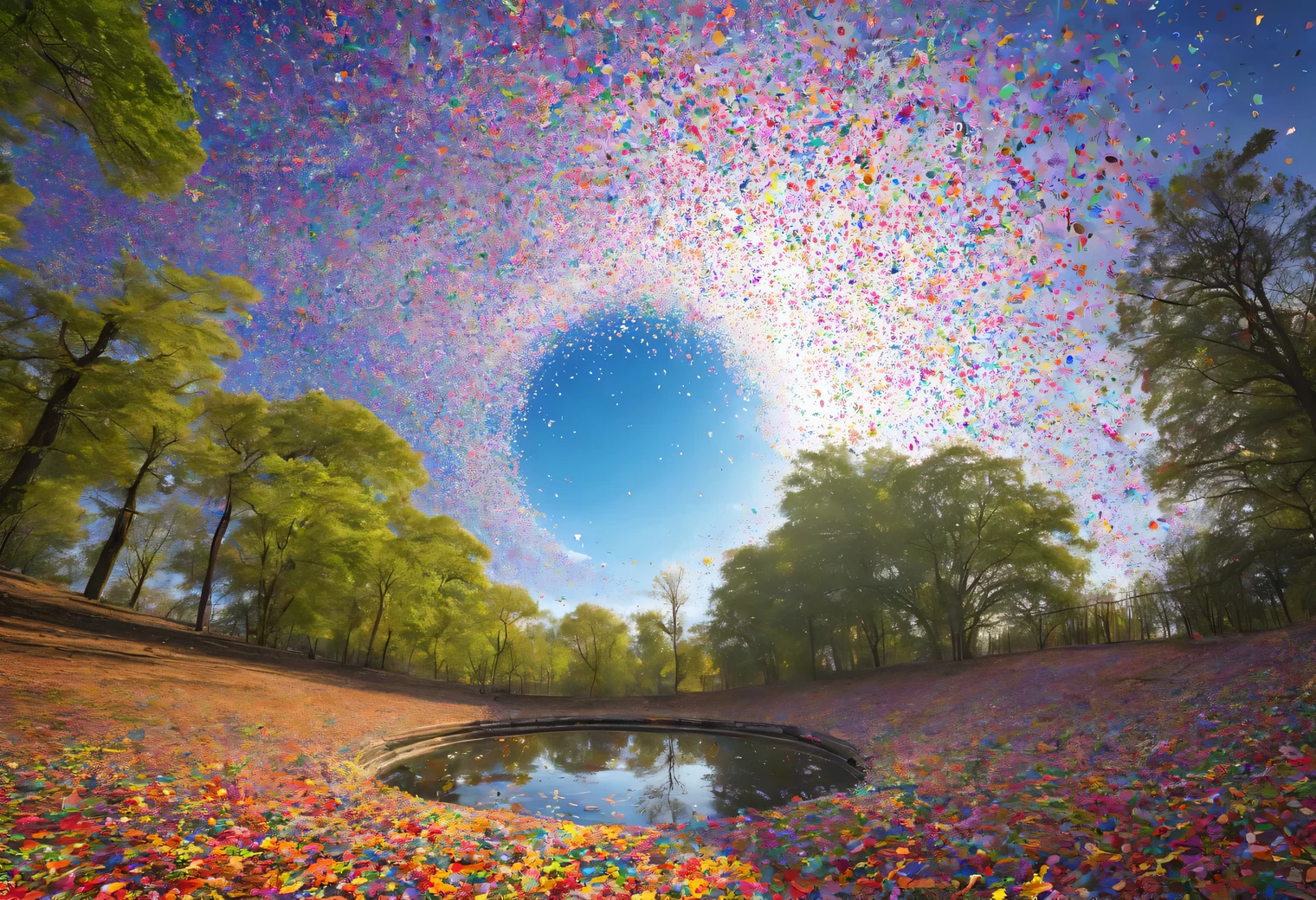 a multi-colored hole has formed in the sky in the form of a multi-colored whirlpool swirling inward, multi-colored confetti bursts out of this whirlpool and falls to the ground, covering everything around, colorful confetti in the air and on the ground, covering the trees and the ground, beautiful photo of an unusual phenomenon with confetti, bursting out of a multi-colored hole in the sky, high detail, photorealistic