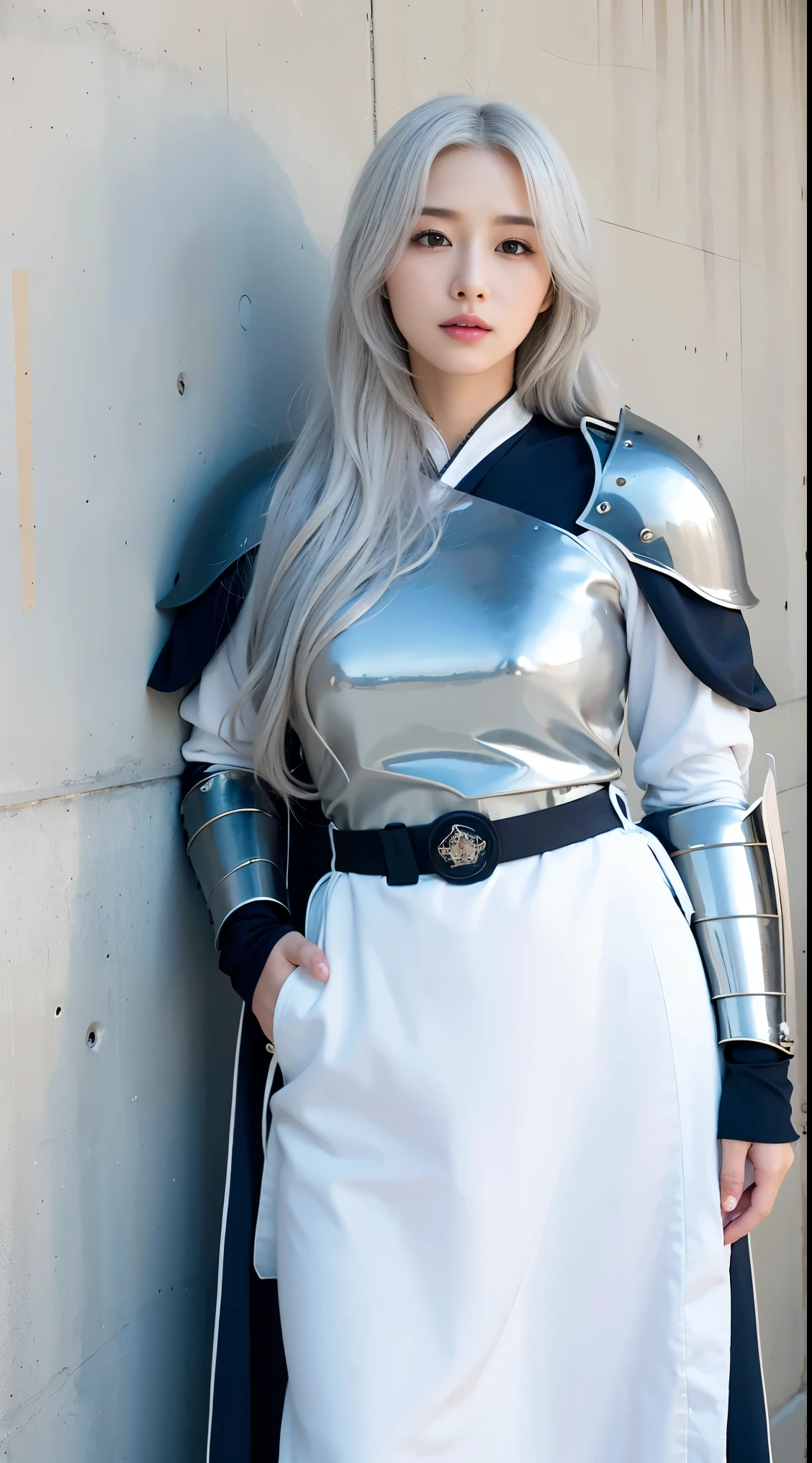 realistic, High resolution, 1 female, glowing skin, alone, wide lips,long hair,wavy hair, hip up,saggy breasts,small face,Anime character cosplay,Cosplayers,Costume costumes,white wall,concrete wall,background white,white hair,Color Contacts,He wears a Japan sword on his waist,wearing armor like a knight