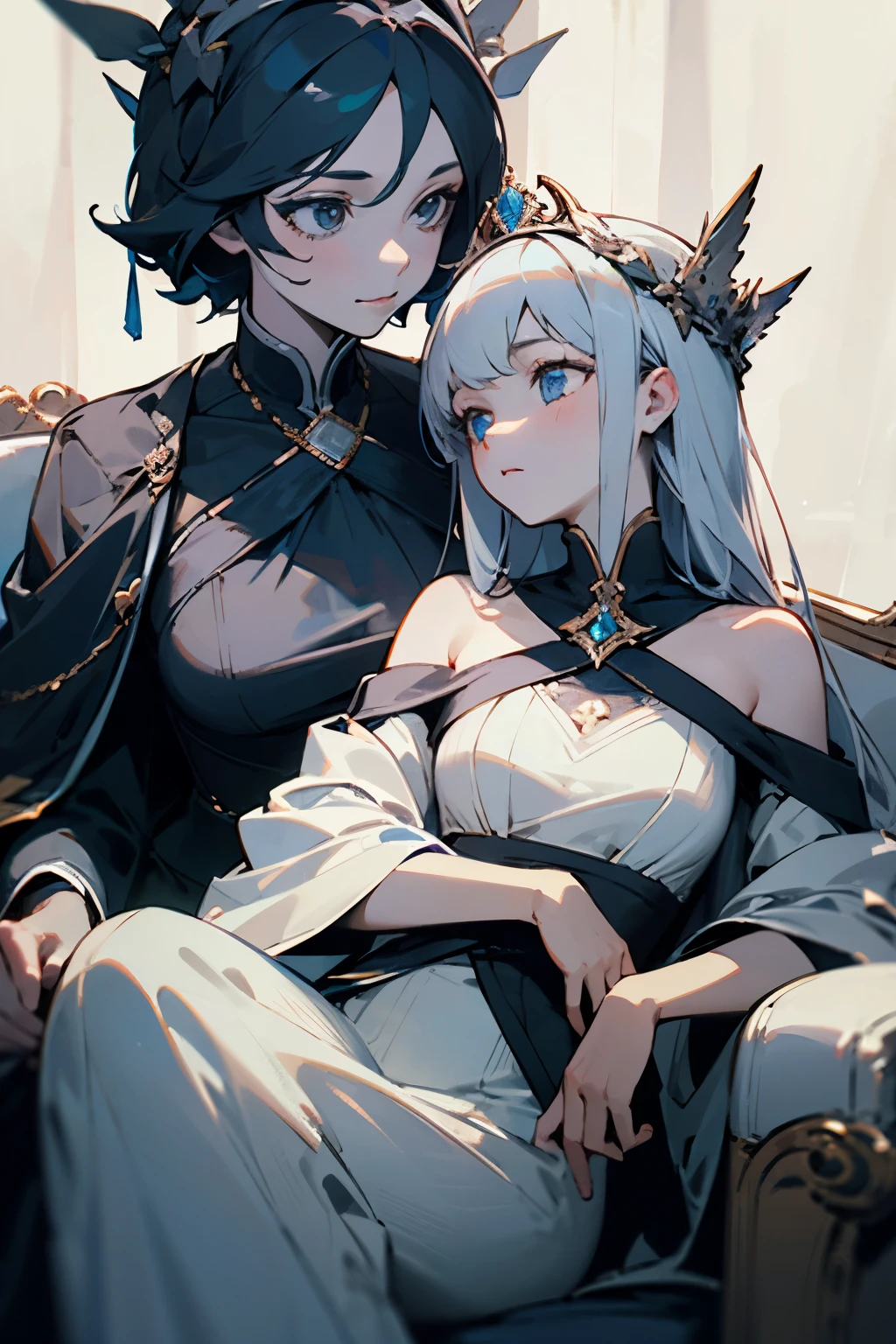 Two girls sitting side by side，A girl wears a crown and looks dignified，The other one is plainly dressed without a crown and looks pale.。((best quality)), ((masterpiece)), (detailed), perfect face