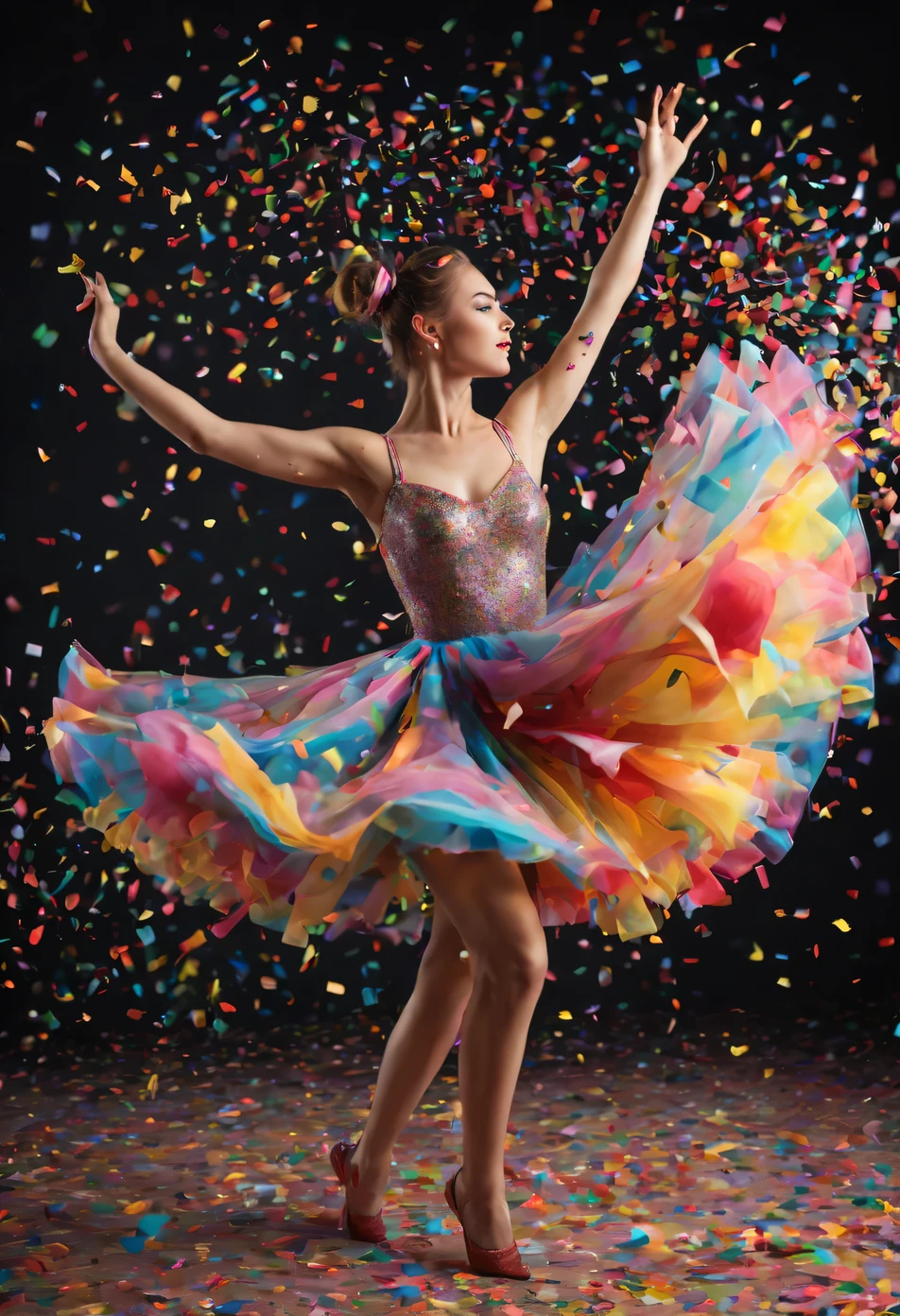 Colorful confetti falls from the sky, it looks like beautiful colored snow, A breathtaking sight, From these confetti silhouettes of various animals are formed - a hare, fox, bear and wolf, high detail, a high resolution, high contrast