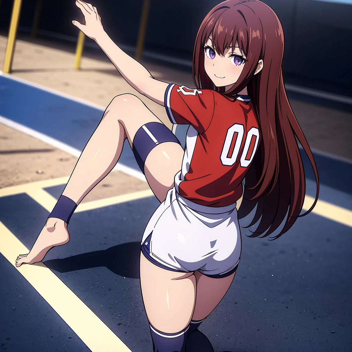 ((table top,highest quality,super detailed,8K)),Brown_hair,makise_kurisu,Are standing、alone,1 girl、perfect face,red_hair,purple_eye.(close_mouth),flat chest、((紺の袖mouthに白い半袖体操服))、((Navy high-leg bloomers))、(volleyball uniform)、(
barefoot)、dark blue socks、sports boots、big smile、playground、backwards、look back