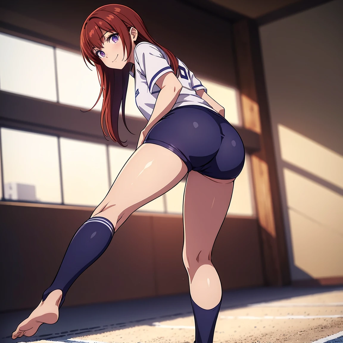 ((table top,highest quality,super detailed,8K)),Brown_hair,makise_kurisu,Are standing、alone,1 girl、perfect face,red_hair,purple_eye.(close_mouth),flat chest、((紺の袖mouthに白い半袖体操服))、((Navy high-leg bloomers))、(volleyball uniform)、(
barefoot)、dark blue socks、sports boots、big smile、playground、backwards、look back