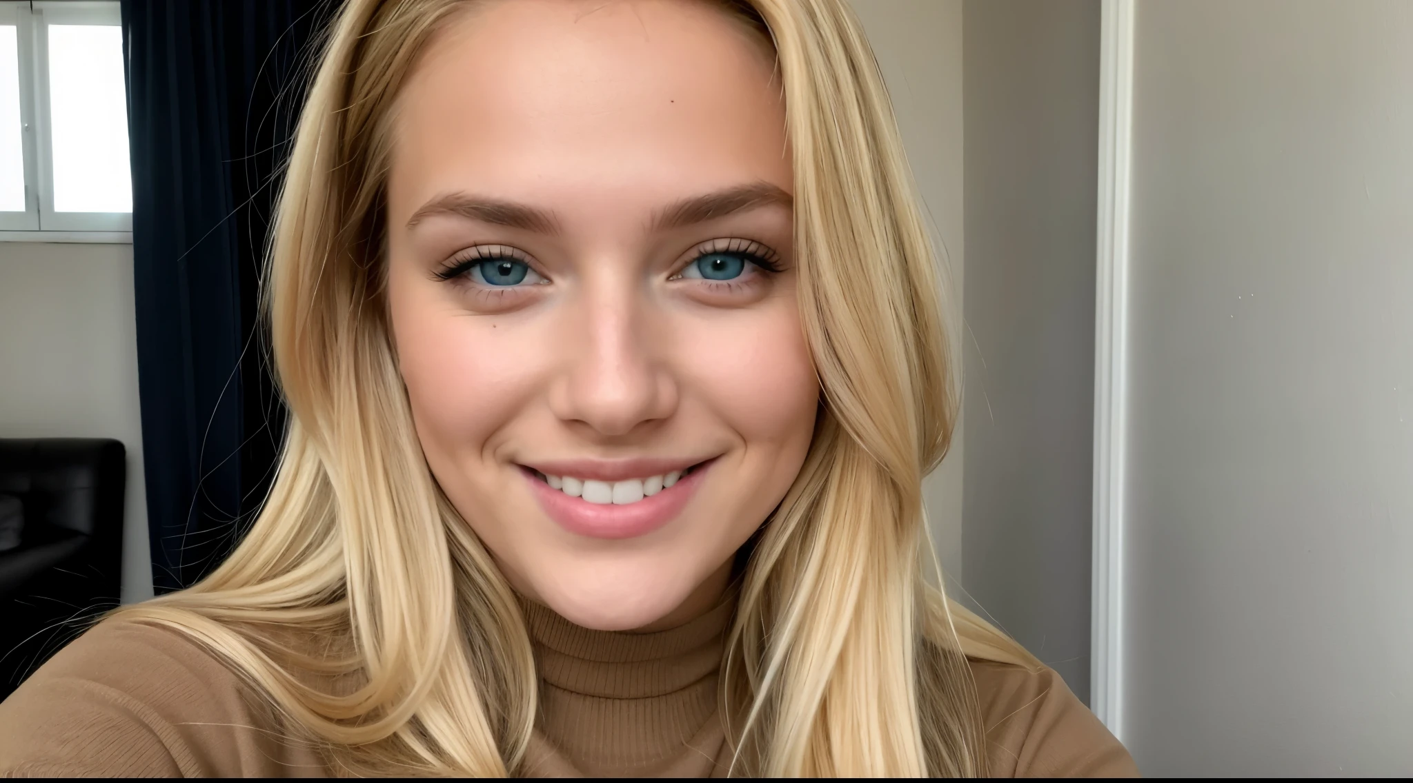 ((best quality)), ((masterpiece)), (detailed), perfect face, blonde, blue eyes, smiling face, welcoming, pantyhose, Instagram, full body, (head fully visible), sitting on a sofa