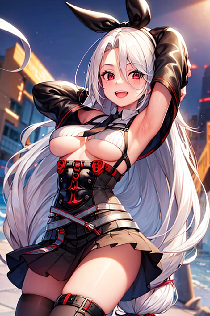 Prinz_heinrich, 1girl, solo, long hair, looking at viewer, smile, breasts, city background, bare shoulders, teeth, closed mouth, portrait, skin tight outfit, maid outfit, short skirt, leggings seductive, realistic, best quality, masterpiece, ultra detail, ultra high res, extreme detail, 8k, uhd, detailed