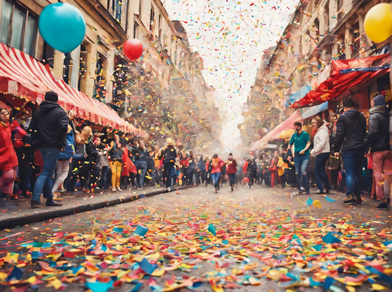 realistic photography, taken with a smartphone camera, depicting a street carnival and flying colorful confetti.