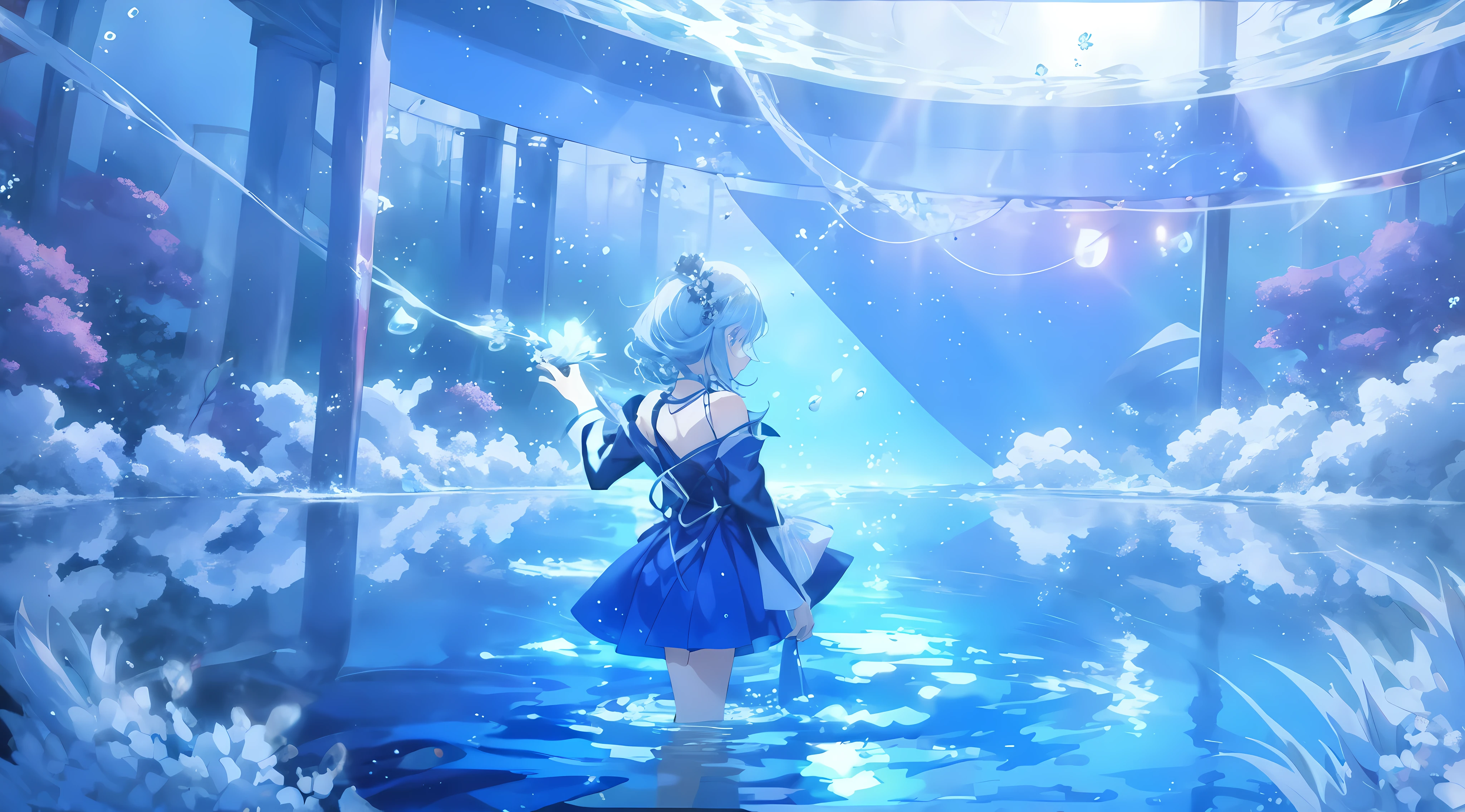 (2 anime girls in blue dresses kissing underwater), wallpaper anime blue water, Beautiful fantasy anime, Close-up fantasy of water magic, high definition anime art, Beautiful anime artwork, A beautiful artistic illustration, Beautiful anime art, anime fantasy artwork, HD anime wallpaper, ultra HD anime wallpaper, anime art wallpaper 4k, anime art wallpaper 4k, HD anime wallpaper