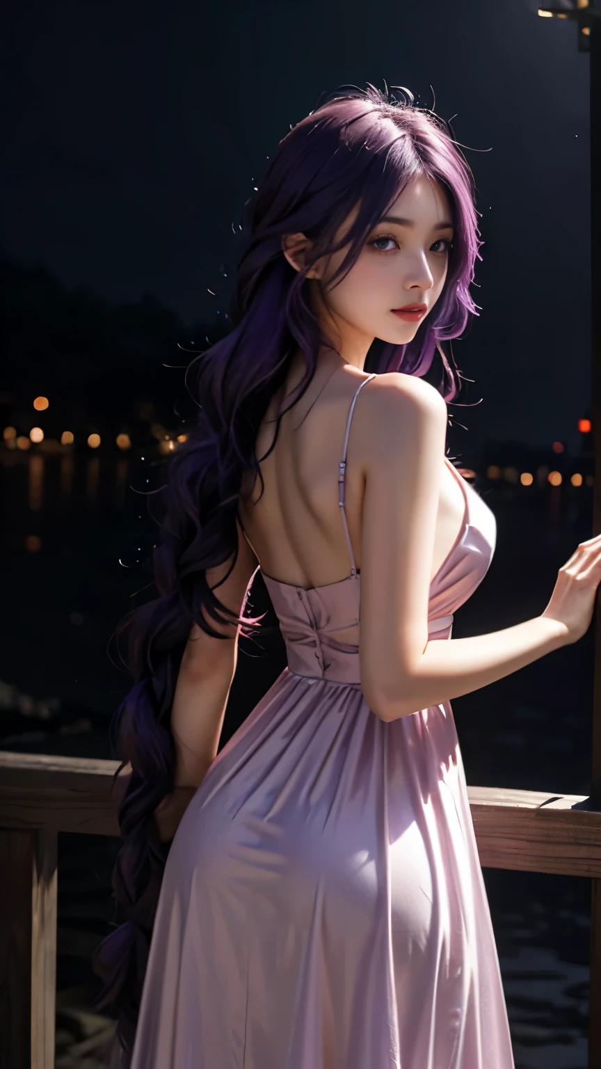 8K, Ultra High Definition, Super detailed, Shiny detailed hair, detailed face, fantasy landscape, solo, looking at viewer, {{best quality}}, {{masterpiece}}, {{ultra-detailed}}, {detailed light}, ultra high quality eyes, detailed eyes, perfect eyes, large eyes, detailed purple eyes, purple hair, long hair, adorned hair, beautiful, skinny body, white skin, slutty, erotic, suggestive, view from the back, looking from behind, curvy booty, showing the butt, lingerie, in lingerie, blushing, open mouth, ahegao, ((nsfw))
