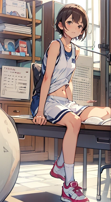  Troubled expression Raise hand Maki Horikita Beautiful girl Junior high school student White tank top Navel exposed Beautiful legs Track and field appearance Club activities Japanese classroom Small breasts Slender short stature Short hair Brown hair Whole body visible Sitting on desk Composition seen from below 