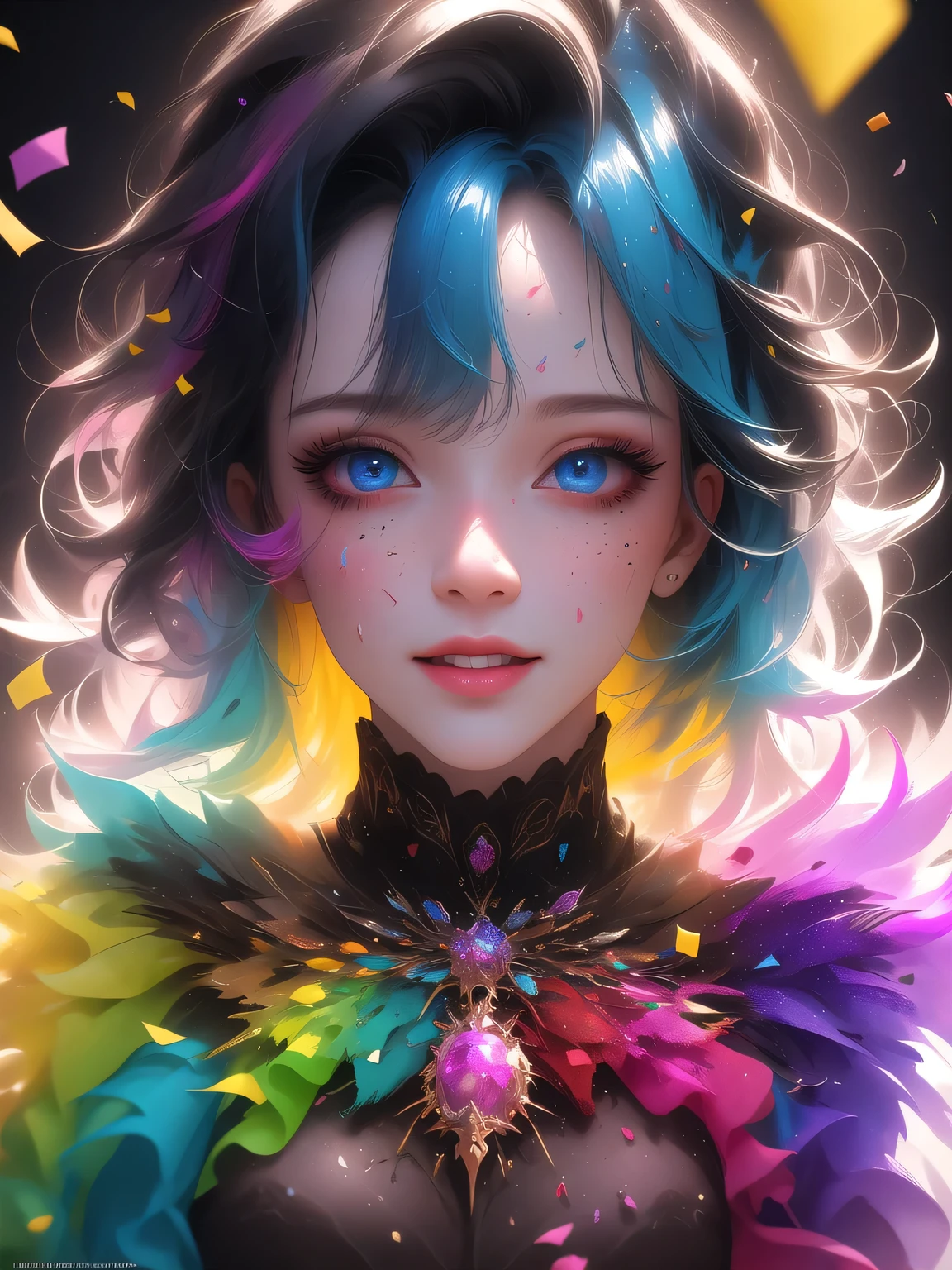 Multicolored confetti, Rainbow Girl, Happy, perfect face, symmetrical eyes, rainbow colors, mascara, Multicolored confetti, free drawing style, complex parts, cinematic lighting, octane number, 8k surround lighting, Realistic, Resolution 8K, by Alberto Seveso, The art of colorful confetti