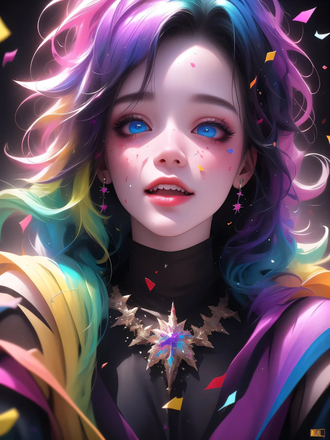 Multicolored confetti, Rainbow Girl, Happy, perfect face, symmetrical eyes, rainbow colors, mascara, Multicolored confetti, free drawing style, complex parts, cinematic lighting, octane number, 8k surround lighting, Realistic, Resolution 8K, by Alberto Seveso, The art of colorful confetti