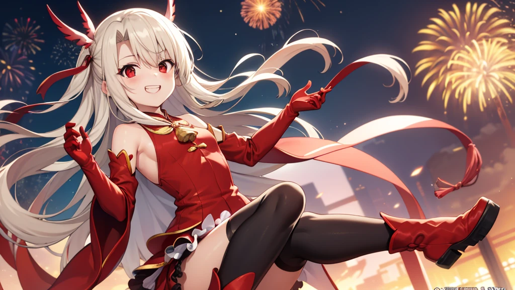Illyasviel von Einzbern, blonde hair, hair between eyes, long hair, (red eyes:1.5),cool girl boots, Detached sleeves, red gloves,Red skirt,Auspicious New Year,The Year of the Dragon is auspicious,Firecrackers and fireworks,Gather a lot of money,happy grin,In 2024