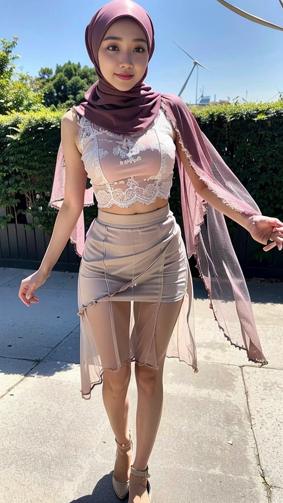 (Best quality, 8k, 32k, Masterpiece, UHD:1.2),Photo of Pretty indonesian woman,wearing hijab,(sad smile,blush:1.1),looking at viewer,(beautiful detailed thin skirt:1.2),detailed legs,(spread legs:0.9),(lace panties:0.9),(wind lift:1.6), full body,windy,city,outdoors, (see through clothes detailed:1.2)