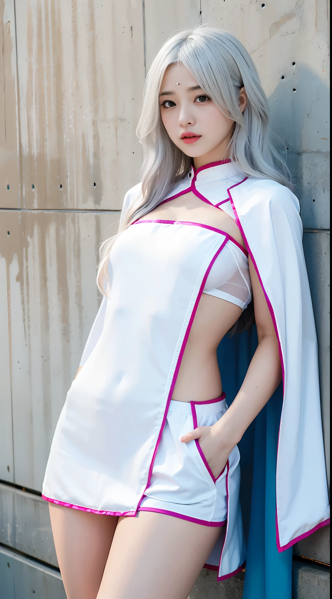 a full body woman, two tone hair white red, miko/Shrine Maiden Costume with Ofuda on Pussy , perfectbody, face detailed, high resolution, super detaill, 8k, Overview