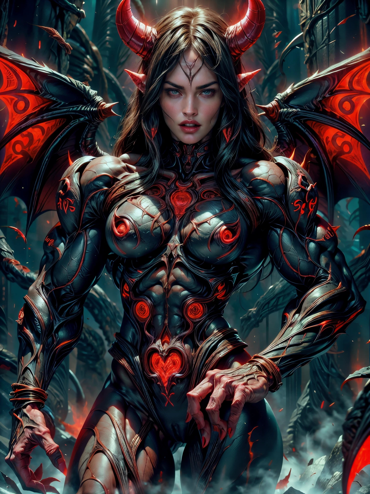 (1 girl), (megan fox:1.25), (naked:1.25), Sexy Evil naked demonic Succubus, (Muscular skinless anatomy:1.25), (large Demon horns:1.25), demonic tech muscular bodysuit, an evil red glow emanating from her, (huge demonic wings:1.25), Black Eyes, large veiny breasts, perfect hands, diabolic, insidious, Context of the Satanic Church, (8k, RAW photo, photorealistic:1.25),