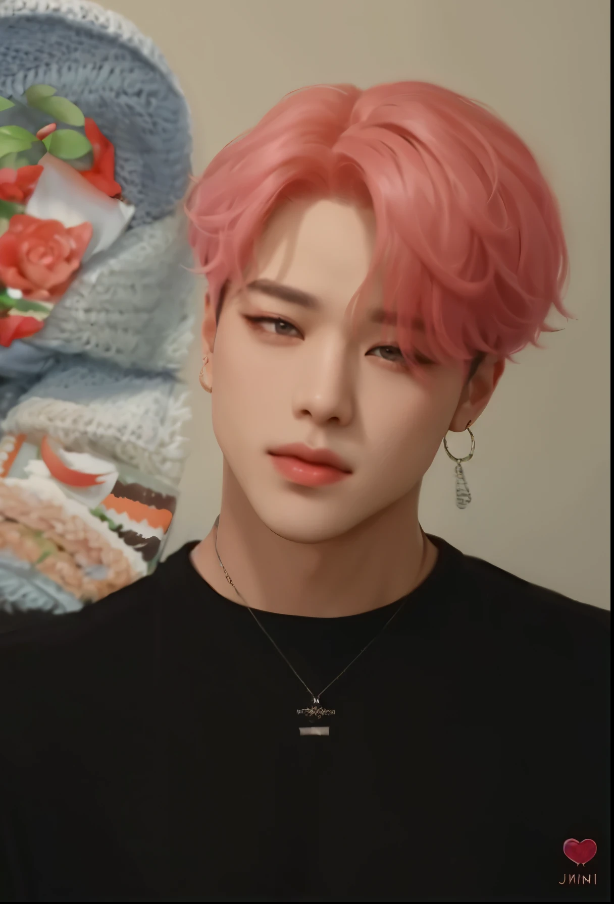 um close up do Park Jimin do BTS com um cabelo rosa e uma camisa preta, Jimin\the full lips, accurate Jimin face, Jimin\the right eyelid is swollen, park Jimin, Jimin\o nariz grego, Jimin, Retrato do Jimin BTS, BTS, com o mesmo penteado, ele tem cabelos grisalhos escuros, com cabelo rosa, park Jimin, bts, Park Jimin, Jimin, kpop boy, korean male face