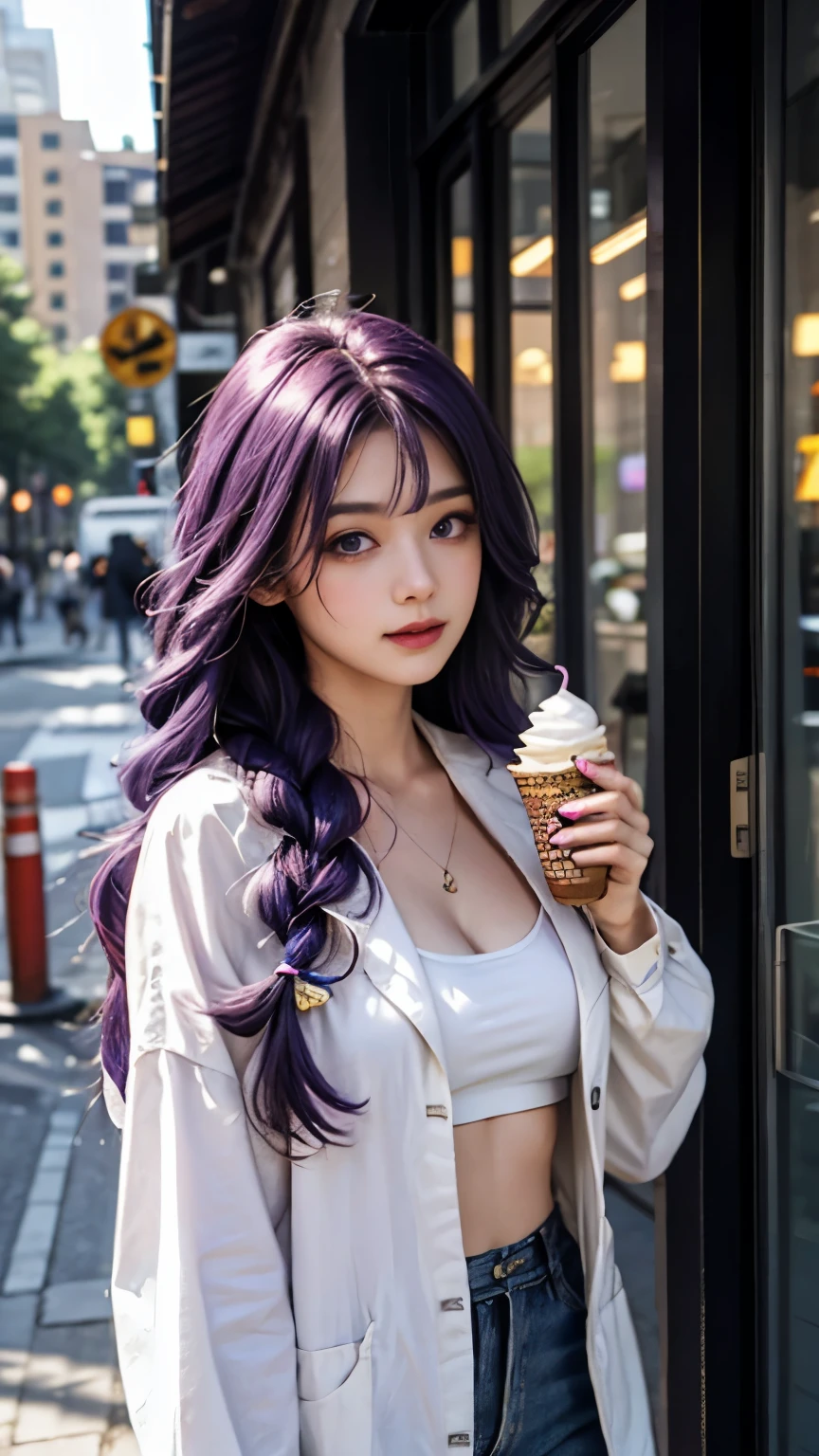 a girl，Purple hair big breasts，long purple hair，thick braid，purple eyes，Eating ice cream on the street，