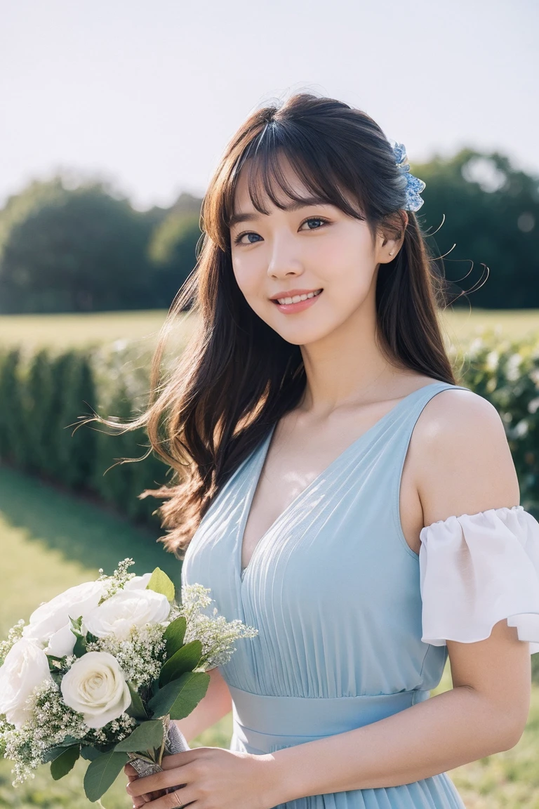 Medium view, medium shot, Depth of bounds written, bust, Upper body, cinematic angle, masterpiece, highest quality, Super detailed, cg, 8k wallpaper, beautiful face, delicate eyes, maiden, alone, smile, bangs, skirt, shirt, have, sky blue color dress, bow, petal, bouquet