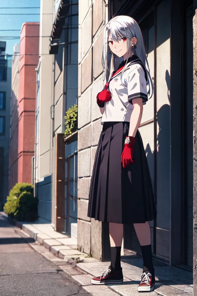 sukeban illyasviel_von_einzbern, mature_female, silver hair, holding yoyo, combat pose, full body, flowing hair, hair between the eyes, asymmetrical hair, red eyes, delicate facial features, sukeban deka clothe, looking_at_viewer, outdoors, background tokyo, ((solo girl:1,5))+++++,woman in a 80's sukeban seifuku standing on a set of strees, black , 80's japanese sukeban photo, sukeban seifuku,  80's japan, sukeban, long black skirt, red converse, full body, light skin tone female, full body, tape, arm_support, gloves, red_gloves, bridal gauntlets, blackred_footwear, fighter outfit, full body, hourglass, mature face, cheeky smile, cheeky face, wrinkles,( silver long hair, earrings, ear piercings), realistic, (fighting art, Martial arts, standing, fighting_stance, fight, fighting), extra colors, 2D, megapixel, perfectionism, accent lighting, full HD , 4K, masterpiece, empty red eyes