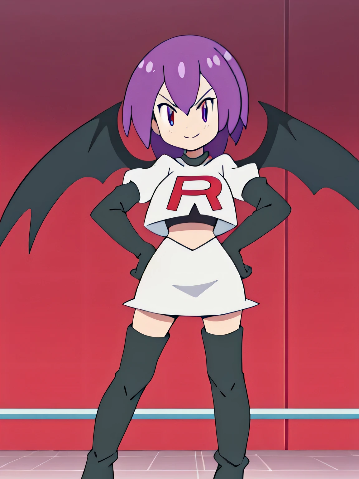 Colorful , masutepiece, Best Quality, 1girl in, , purple hair, middle hair, spike hair, Evil Female Executive, Goth ta Costume, a miniskirt, White stockings, Large red ribbon, a choker, White inner, black clothes, Sadistic smile, evil smile, black boots, bat wings, , from below, looking at viewer, contrapposto, hand on hip, hairs between eyes, red eyes, shiny eyes,team rocket uniform, red letter r, white skirt,white crop top,black thigh-high boots, black elbow gloves, glaring angrily, looking at viewer, hands on hips, full body seen