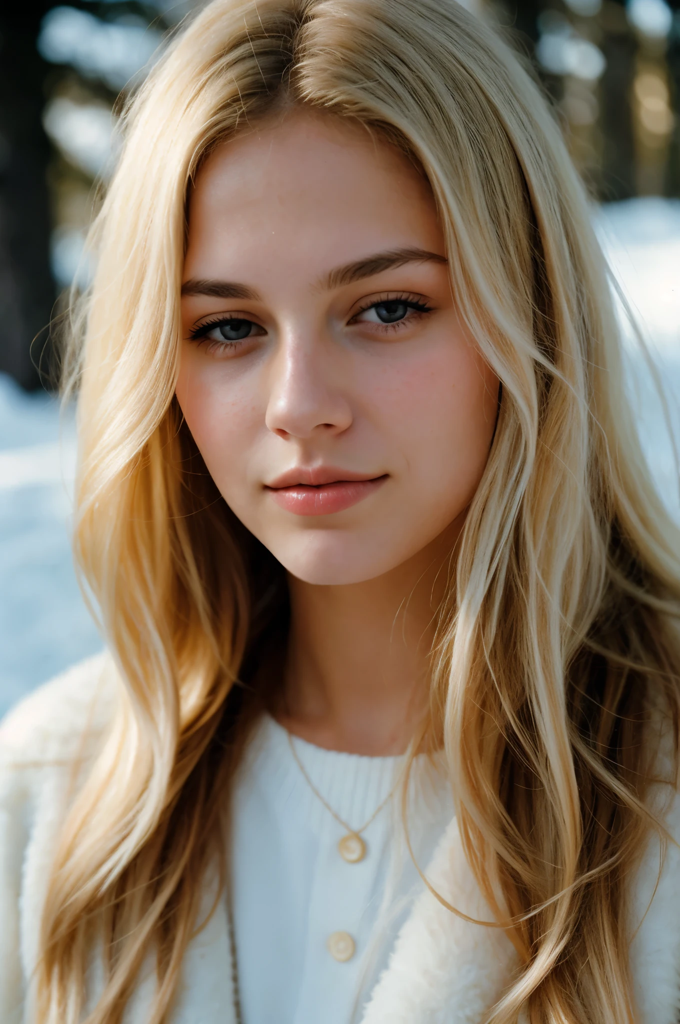 analog raw candid photo of a beautiful young woman, realistic skin texture, dirty blonde hair, slim, (closed mouth:1.1), erotic, relaxed, haze lighting, winter, snow, 35mm