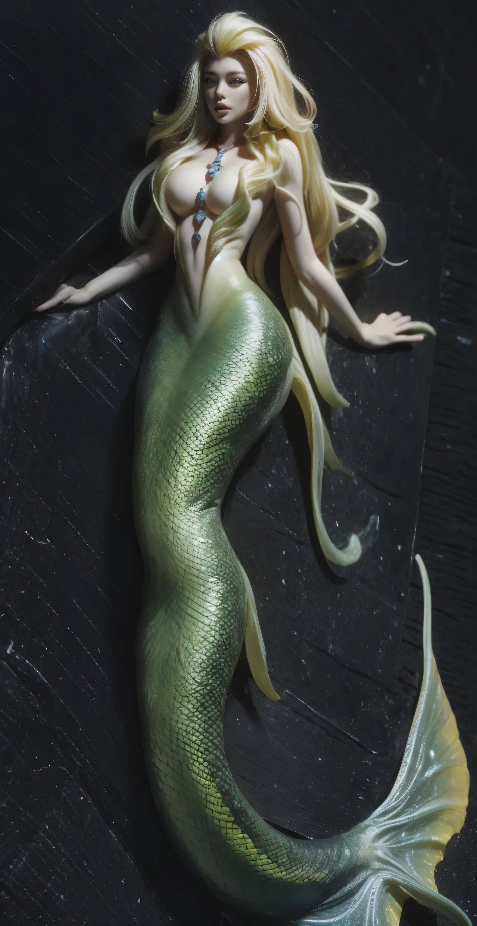 （（masterpiece，best quality，Ultra-clear，original photo，Extremely detailed CG，8k）），A mermaid swimming in the sea，（elongated snake tail：1.3），Beautiful mermaid girl，long golden hair，exquisite eyes，Detailed face，Detailed hands，Smooth and delicate skin，skin glow，（Big breasts and thin waist），Beautiful golden fish scales，creamy，There is mucus in the body，high resolution，（super detailed：1.4），（lifelike：1.2），imagine，fairy tale，full-body shot