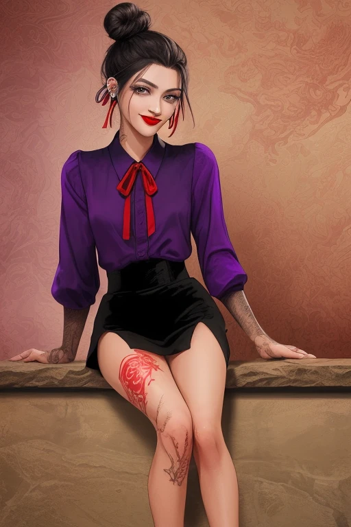 ((23 year old woman)), ((indigenous)), ((native american)), ((brown skin)), ((has red tattoos depicting nature all over her arms and legs)), ((labret piercing, healed burn scars on wrists)), ((high cheekbones)), ((rounded oval face)), ((slim figure)), ((anthic folds at the outer corners of eyes)), ((almond shaped eyes)), ((prominent nose)), ((deep red lipstick)), ((black hair tied back in a braided bun and purple ribbon)), ((long purple blouse)), ((mischievous smile)), ((hazel eyes)), ((best quality)), ((black skin)), small chin