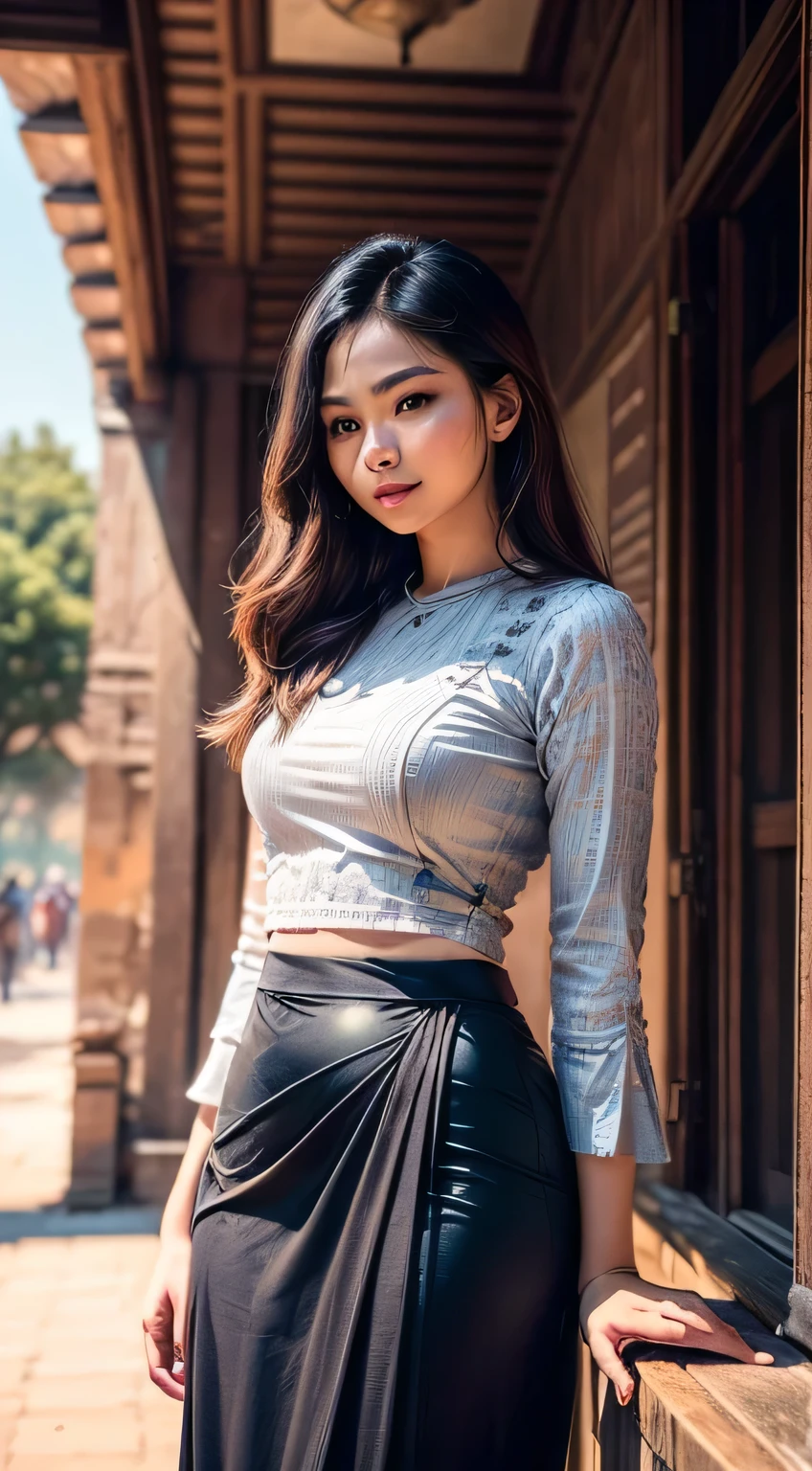 (masterpiece, best quality , high resolution:1.2), (photo realistic:1.2), (intricate and beautiful:1.2) , detailed light, bright light, (colorful and dynamic angle), upper body shot, fashion photography, 1 girl, acmm ls outfit, wearing acmm top, blue acmm top, long sleeves, wearing acmm long skirt, blue acmm long skirt, printed skirt, posing for photo, long straight hair, teasing look, gazing with a playful and teasing expression, igniting curiosity and attraction, attractive, outdoors, scenery, traditional media, sky, day, photo background, real world location, architecture, nature, ruins, landscape, bagan ancient pagoda background