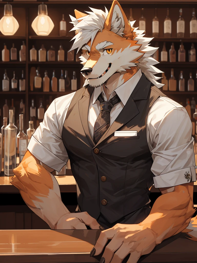 1man,Correct body structure,Correct finger structure,Correct pupil structure,single person, ((orange fur)), wolf, white hair, smile, brown pupils, wolf tail, strong, Medium length hair, Bartender uniform, In the bar