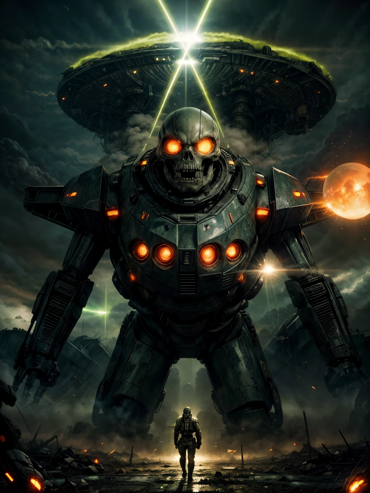 giant biological mutant zombie, alien mecha, skeleton face, giant skeleton, body all, multiple armies at war, alien war machines, anime art, alien war atmosphere, UFOs warlike mother ships crossing the skies shoting green laser rays , nuclear bombs, apocalyptic scenario, end of the world.