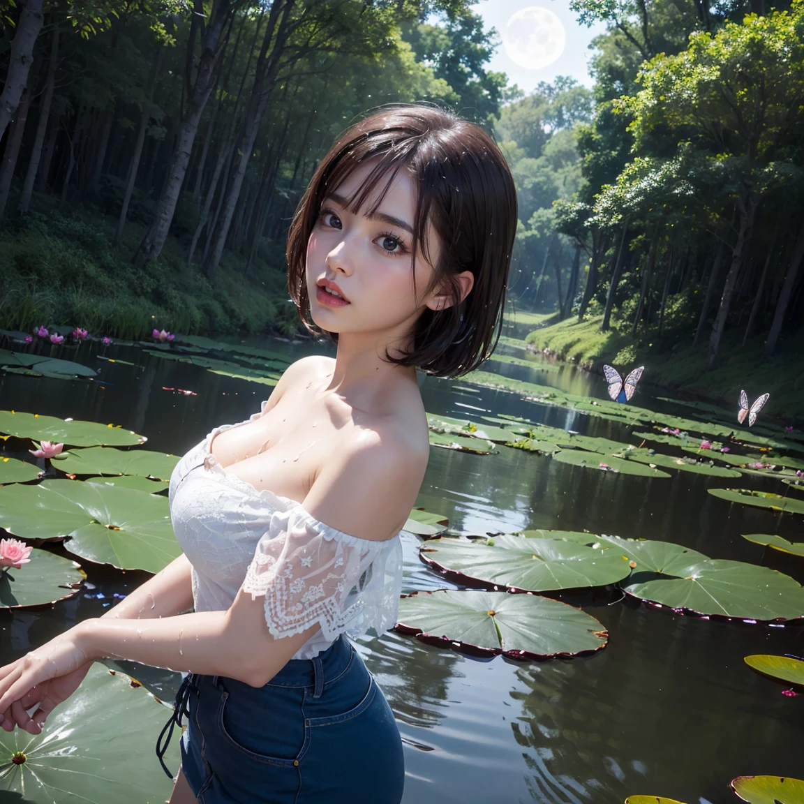 ((masterpiece)), ((highest quality)), (ultra high resolution,8K),(Ultra high fine mesh,4K), (Highly detailed CG integrated 8k wallpaper), (perfect anatomy,anatomically accurate), ((((high angle))))), (One big breasted woman with sexy charm), beautiful butterfly in flight, (off shoulder), ((whole body)), ( brown hair +1.2), bob hair, (short bangs), (dynamic composition), High definition beauty face, (more beautiful blue eyes), (open your mouth), (wet body)), shiny skin, fine skin, thin hair, cowboy shot, background, (Butterflies flying around a woman), near pond, (starry sky), forest, Pillar of Light, water lily, moss, Clean water, moonlight, Sparkling, (midnight, darkness) )), Shining six-pointed star