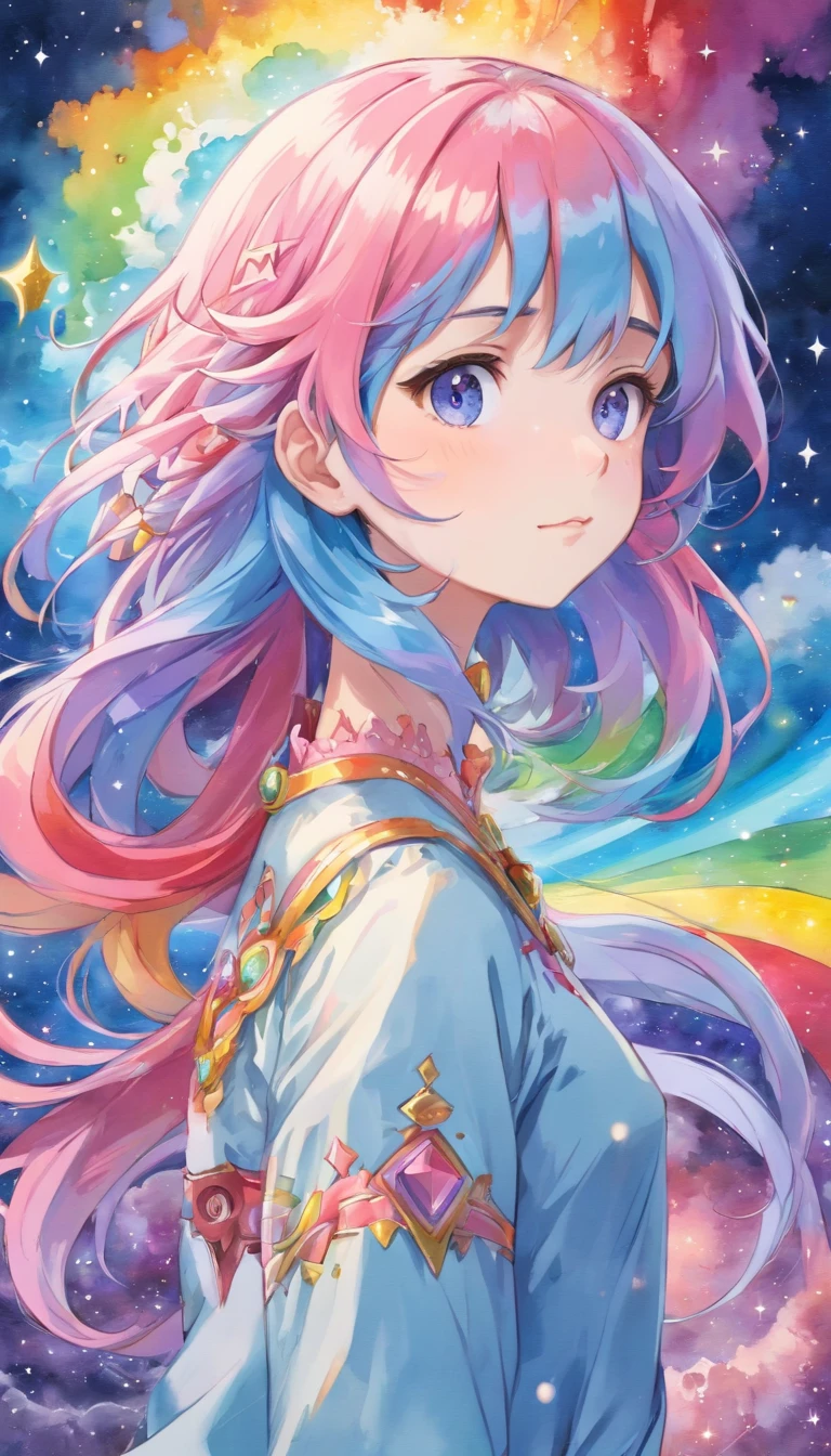 (masterpiece, top quality, best quality,watercolor (medium),official art, beautiful and aesthetic:1.2),(1girl:1.3), (fractal art:1.3),upper body, from side, looking at viewer,patterns,(rainbow color Hair,colorful hair,half blue and half pink hair:1.2),water,liquid, cloud,colorful, starry,stars,