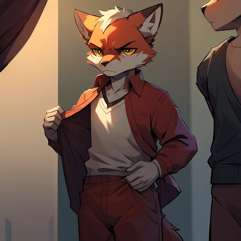 Orange fox,Serious expression,yellow eyes,exposed,exposed,close eyes,Serious expression,white socks,Dressing room background,Change of clothes