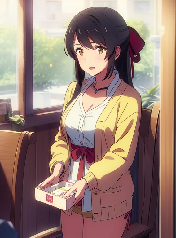 shinkai makoto, kimi no na wa., 1girl, bangs, black hair, brown eyes, open mouth :D, Twisted Half Up, red ribbon, long hair, long sleeve light yellow cardigan, open shirt, yellow shirt, cleavage, breast, medium breast, Orange shirt, name tag written "LUMINE Miyamizu", looking at the viewer, indoors, jewelry products, jewelry shop, jewelry saleswoman, indoors, mall, masterpiece, perfect ???????, cowboyshot, POV (POV boy's hands holding girl's chest POV)