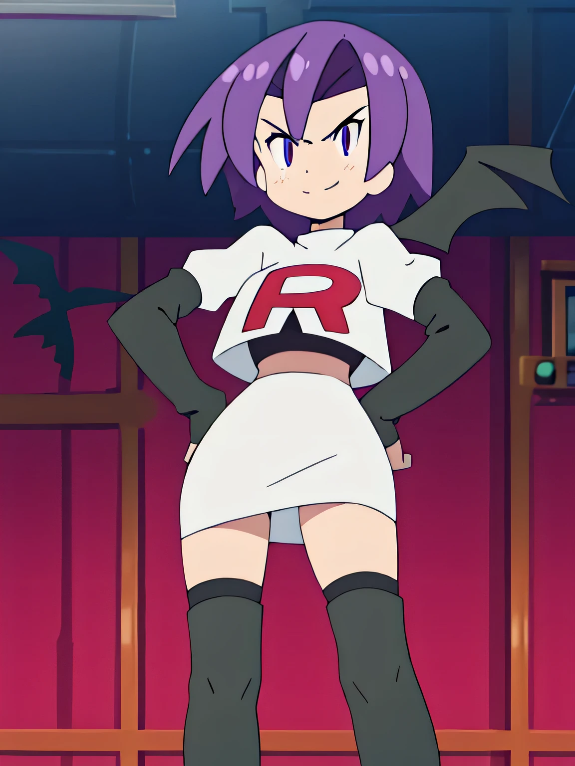 Colorful , masutepiece, Best Quality, 1girl in, , purple hair, middle hair, spike hair, Evil Female Executive, Goth ta Costume, a miniskirt, White stockings, Large red ribbon, a choker, White inner, black clothes, Sadistic smile, evil smile, bkack boots, bat wings, , from below, looking at viewer, contrapposto,team rocket uniform, red letter r, white skirt,white crop top,black thigh-high boots, black elbow gloves, glaring angrily, looking at viewer, hands on hips, full body seen