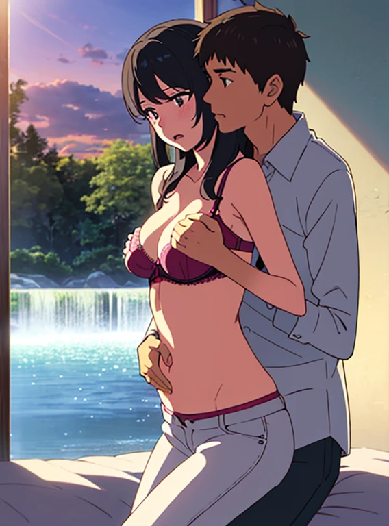 1middle age man, wrinkle face, black hair,bangs swept to the right side, Middle aged man behind girl, touching chest, biting shoulders, breatsgrope from behind, grab, grabbing chest,chestgrab behind back, removing bra, hold bra, hug back, hugging, neck kiss, 1girl, black hair, waterfall braid, red ribbon, long hair, brown eyes, collared shirt, unbuttoned, medium bresst, nipples, pink nipples, white pants, cute, open mouth, full body, long sleeves, cowboy shot, masterpiece, on a dating, blushing, bedroom, night, sit on bed