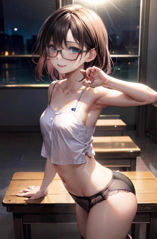 table top, highest quality, figure, super detailed, finely, High resolution, 8k wallpaper, 完璧なダイナミックな構figure, beautiful and fine eyes,natural color lip, random sexy poses,look at the camera,table top, highest quality, figure, super detailed, finely, High resolution, 8k wallpaper, 完璧なダイナミックな構figure, beautiful and fine eyes,short hair, natural color lip,smile,,,night inside the room 窓からは綺麗なnight景が見える nightの街 cowboy_shot,18 year old girl,Backlight looking here the body is facing forward mini skirt white camisole The camisole is a little see-through flipping up the skirt panties are visible lace underwear black hair Wearing glasses Low - Angle ロングshot whole body full body Chest is medium-sized Body slender small breasts