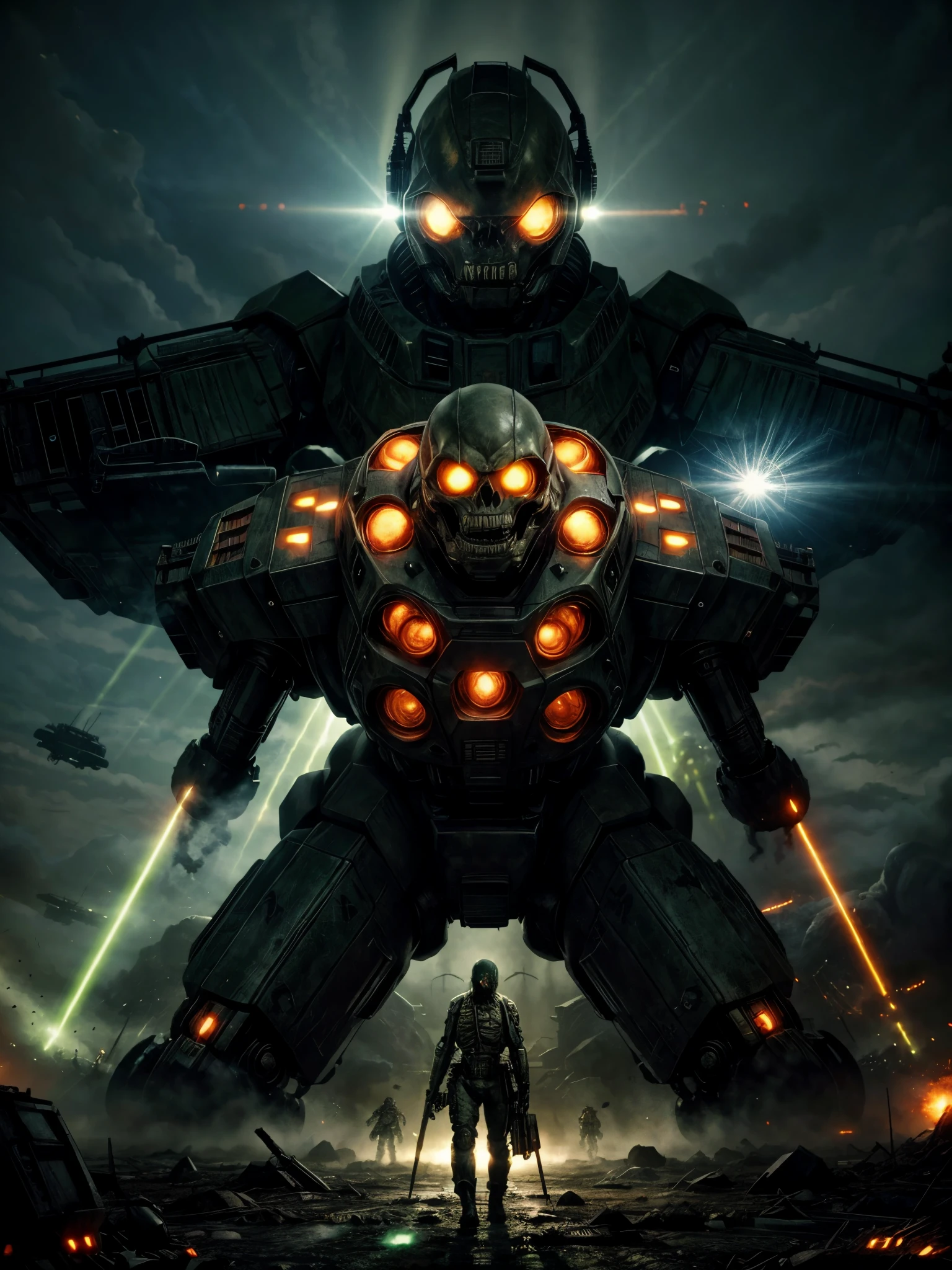 giant biological mutant zombie, alien mecha, skeleton face, giant skeleton, body all machine guns, multiple armies at war, alien war machines, anime art, alien war atmosphere, UFOs warlike mother ships crossing the skies shoting green laser rays , nuclear bombs, apocalyptic scenario, end of the world.