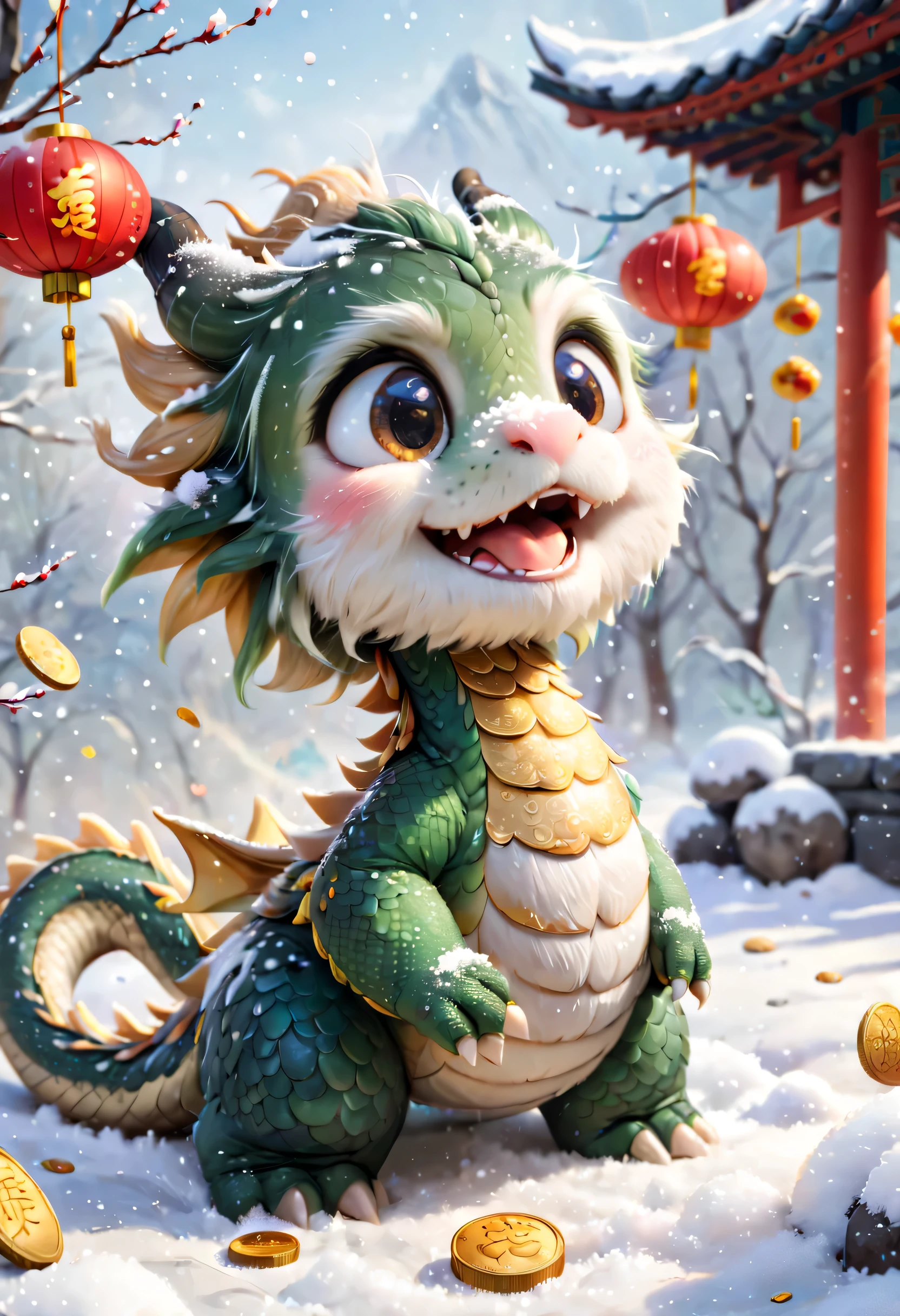 poster design：Chinese New Year is here，Cute little Chinese dragon is so happy，hairy，There are many gold coins in the air，blurred background，snow，