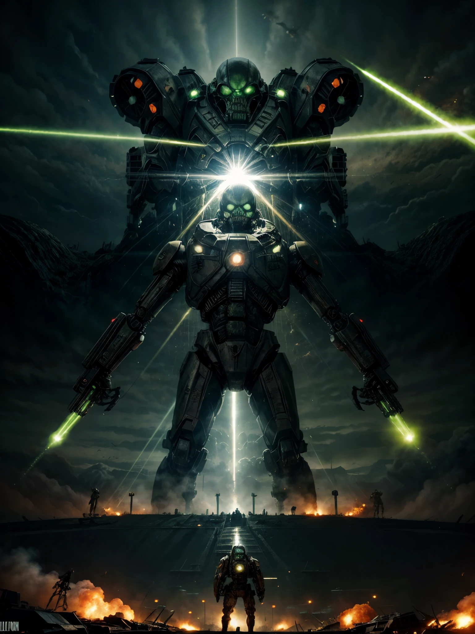 Giant biological mutant zombie, alien mecha, skeleton face, giant skeleton, body all machine guns, multiple armies at war, alien war machines, anime art, alien war atmosphere, UFOs warlike mother ships crossing the skies shoting green laser rays , nuclear bombs, third World war, apocalyptic scenario.