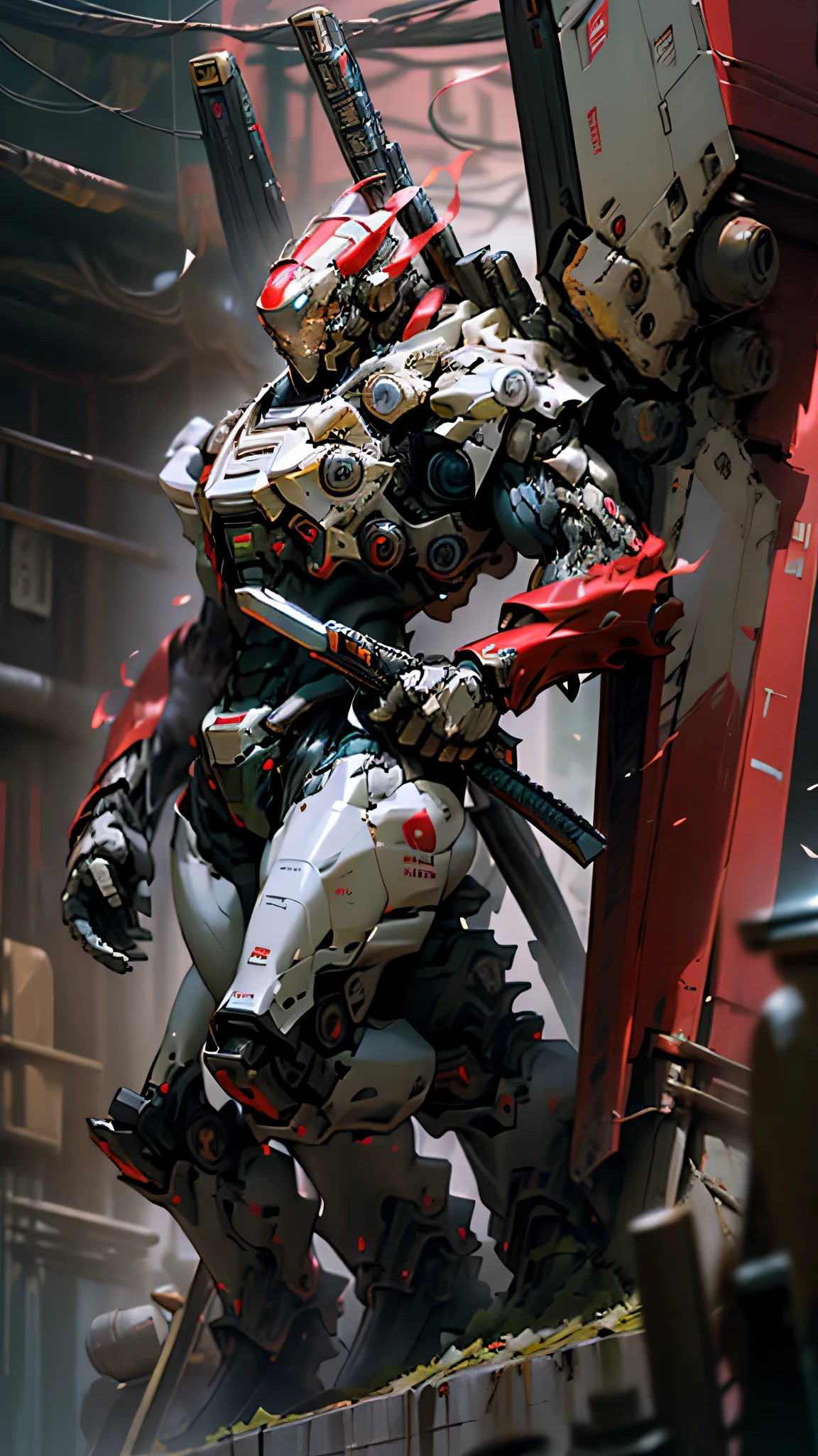 最high quality、best image quality、masterpiece、huge robot((damaged white body、blue light body line、destroyed right arm、Missing left foot、damaged jetpack、holding a shotgun in both hands、sparks come out from the body、red visor、original head、muscular、bulletproof vest,Mechanical face、shooting pose)),high quality、beautiful art、background((dark cavity、underground、red lighting)),debris flies、Depth of written boundary、movie、visual art、perfect art、8K,genuine