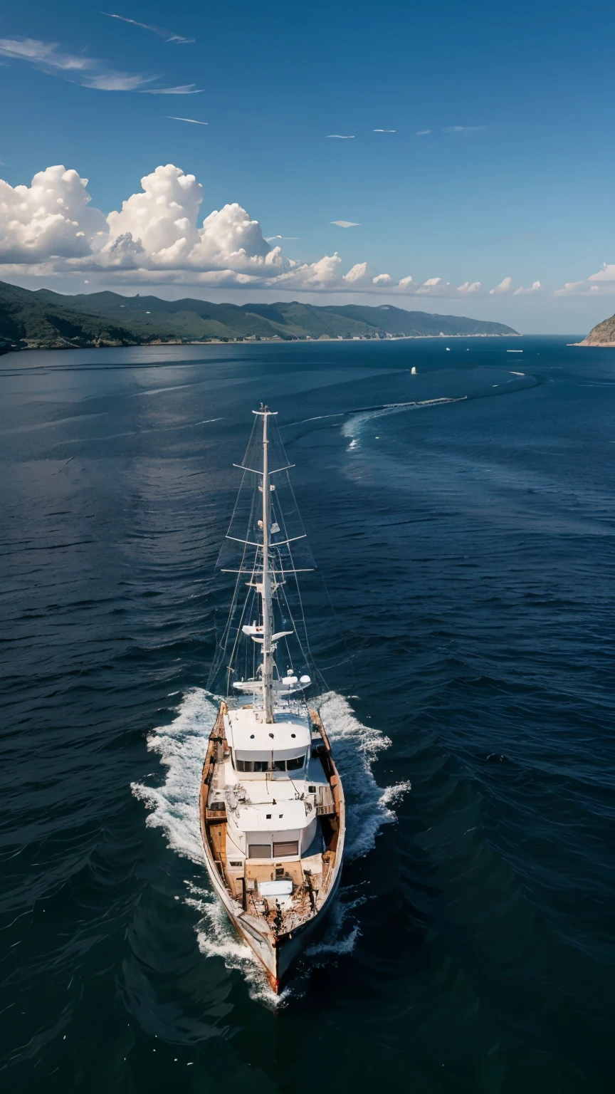 5 fishing boats, in the middle of the sea, views of the open sea, fishing boats, looking for sea fish, realistic, landscape