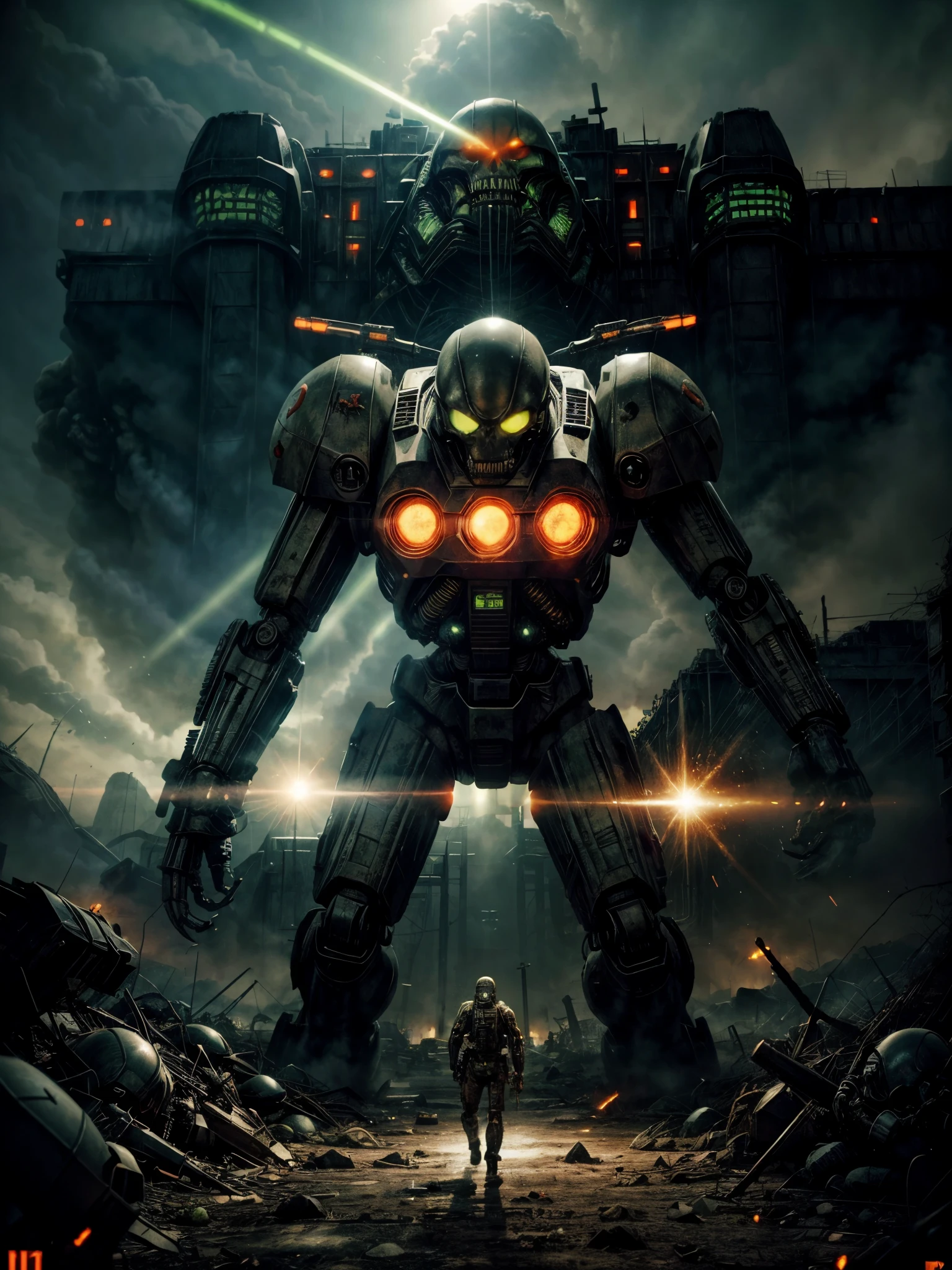 Giant biological mutant zombie, alien mecha, skeleton face, giant skeleton, body all machine guns, multiple armies at war, alien war machines, anime art, alien war atmosphere, UFOs warlike mother ships crossing the skies shoting green laser rays , nuclear bombs, third World war, apocalyptic scenario.