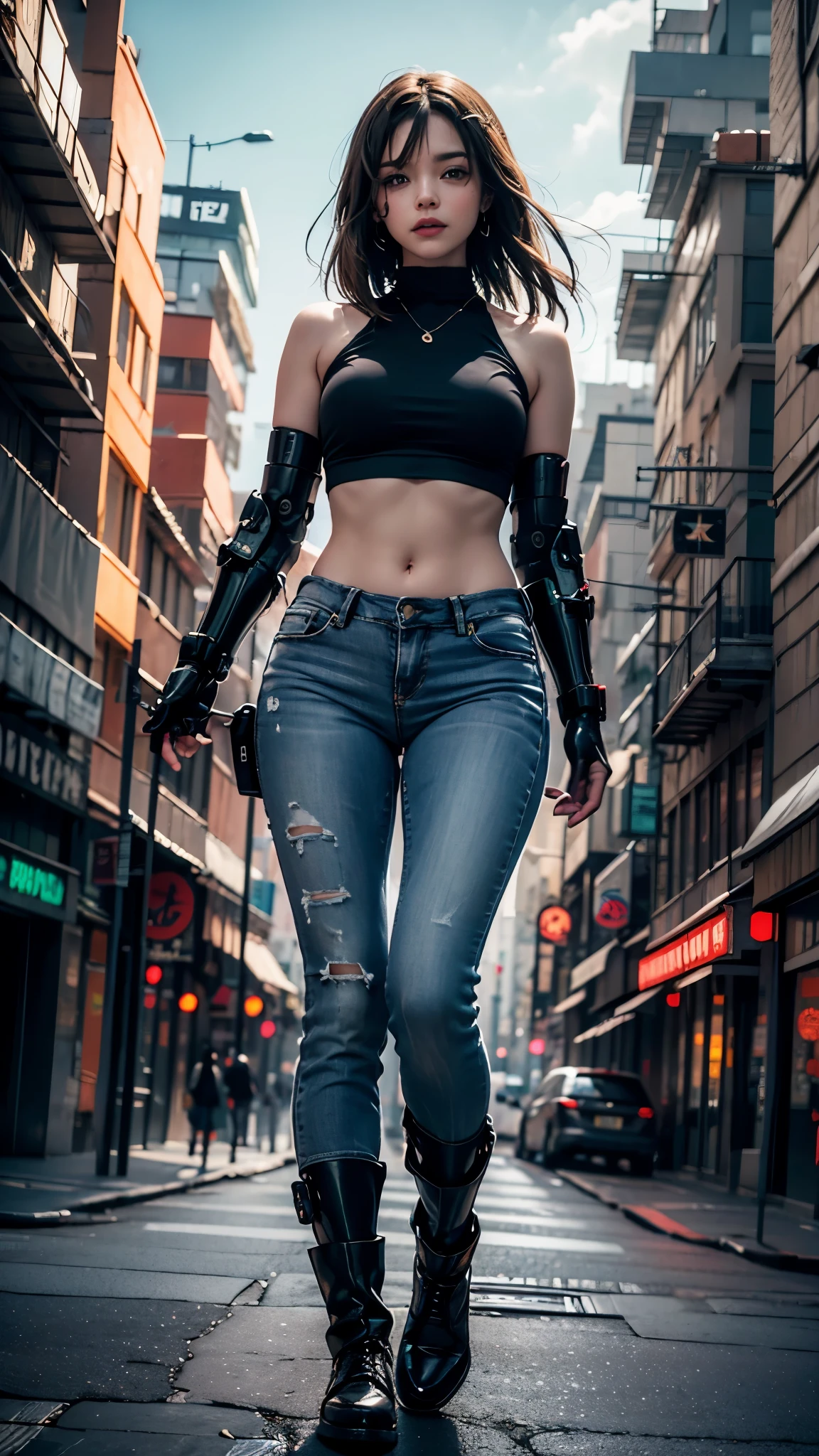 [imagem realista super detalhada], [obra-prima], A;ecis Texas como uma cyberpunk com cabelo curto e espetado, bright green eyes and a circuit tattoo on the neck. Ela usa um casaco de couro preto com detalhes em neon, uma blusa branca rasgada, a pair of grey jeans and black boots. She has a bionic arm with metal claws and a neural interface implant in her right temple. She holds a laser pistol in her left hand and a holographic device in her right hand. She's on a busy street in a futuristic city, surrounded by tall buildings, Tecidos gigantes, carros voadores e pessoas de diferentes estilos e etnias. She has a confident and defiant expression, como se estivesse pronta para enfrentar qualquer perigo.