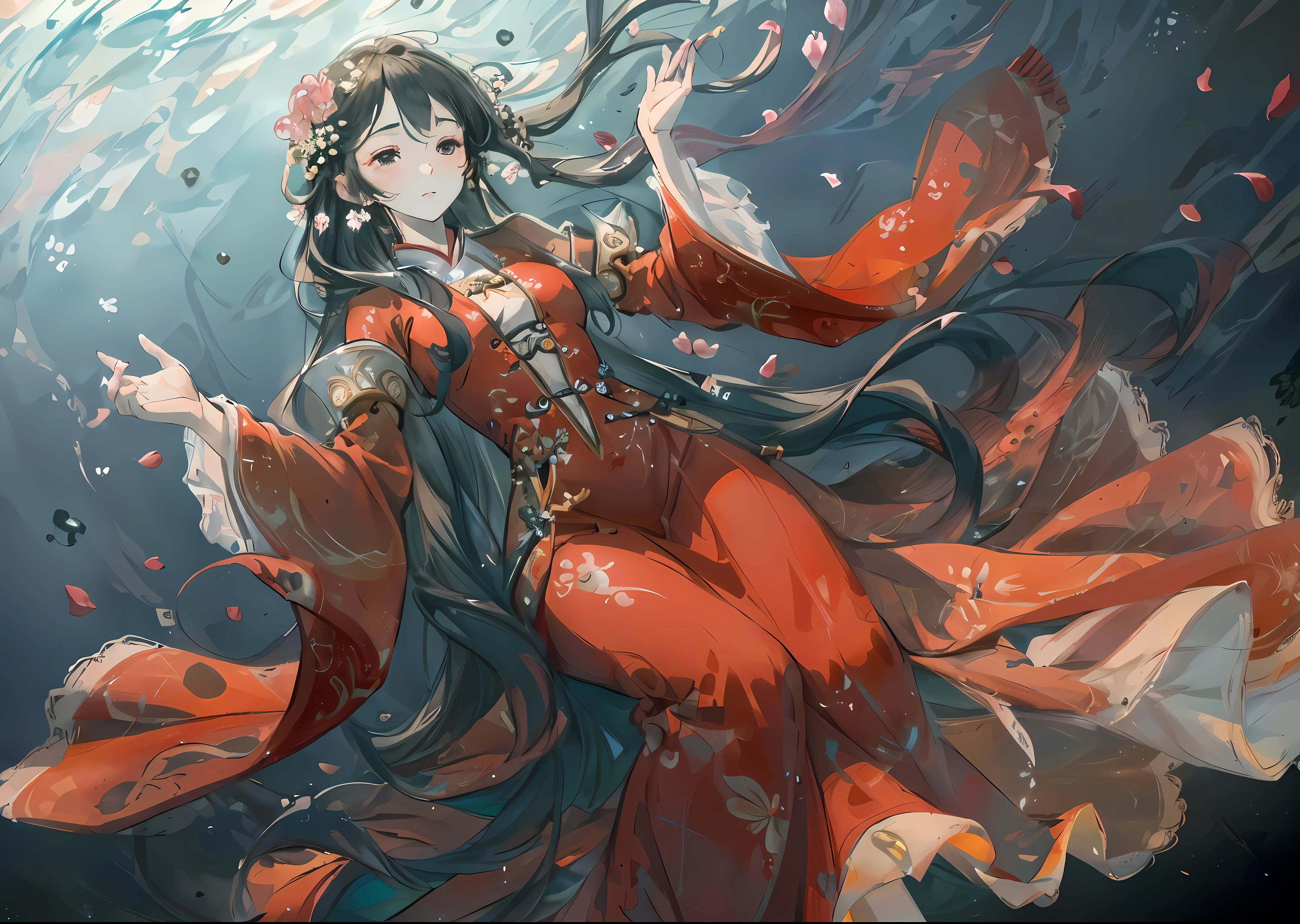 (masterpiece, best quality,Detailed face,dramatic_angle),
One wearing a red dress、girl with long flowing hair, Inspired by the character Murong Yanling, Queen of the Sea. She floats under the deep sea, Wearing traditional Chinese Hanfu clothing. Her hair flows gracefully as she floats, (hair between eyes,thick hair),her robes billowing around her. The work was created by the talented artist Yang Jie. The scene is set in a fantasy world, The girl floated in midair, strike an elegant pose. The artwork shows a full body view of the girl, Capture her fairy style. The girl has a cute and lazy temperament like a princess, Get inspired by the artwork of Artgerm and Atey Ghailan. The color palette is rich and vibrant, A mix of dark tones and soft pastels. The lighting is very atmospheric, Casts a soft glow over the scene, Highlight the girl's features and add depth to the artwork. The overall quality of the images is top-notch, Featuring ultra-fine details and photorealistic rendering. The artwork is a masterpiece, Resolution is 4k or 8k, Ensure every brushstroke and texture is meticulously captured,(Tyndall effect,bloom)