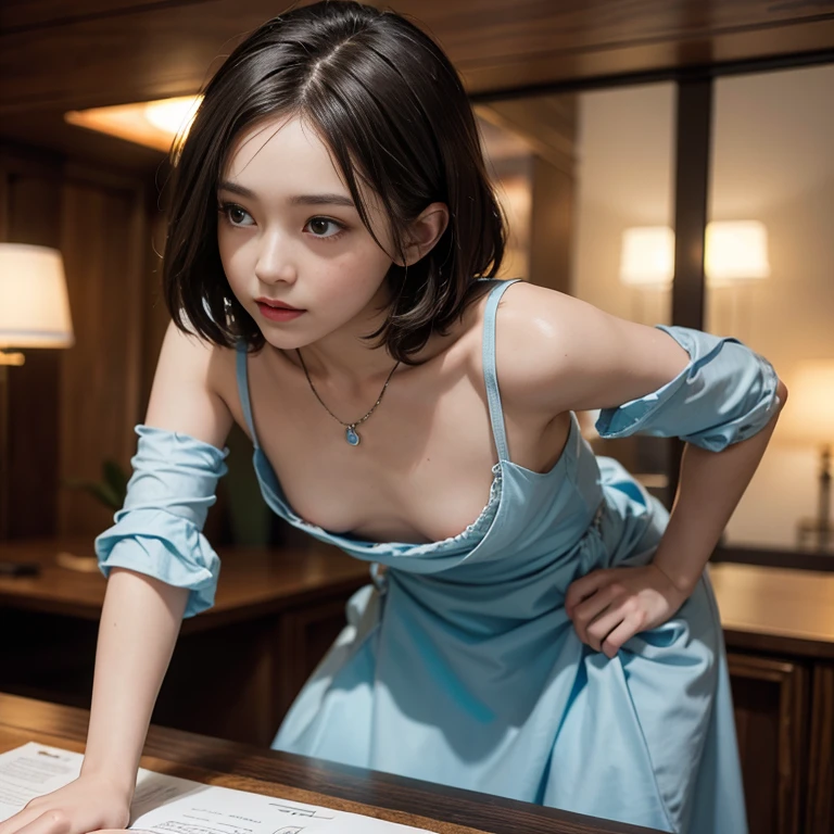 1 girl, downblouse, 15 years old, munechira,(((small breasts))), looking away,leaning forward,bending over desk,signing, birds-eye view shot , Upper body, necklace ,in at wedding reception,laughing, sleeves loose dress,besides decolated detailed  loose bra within,long skirt, short hair ,8K, Best Quality, Masterpiece, Ultra High Resolution, (Realism: 1.4), Original Photo, (True Skin Texture: 1.3),