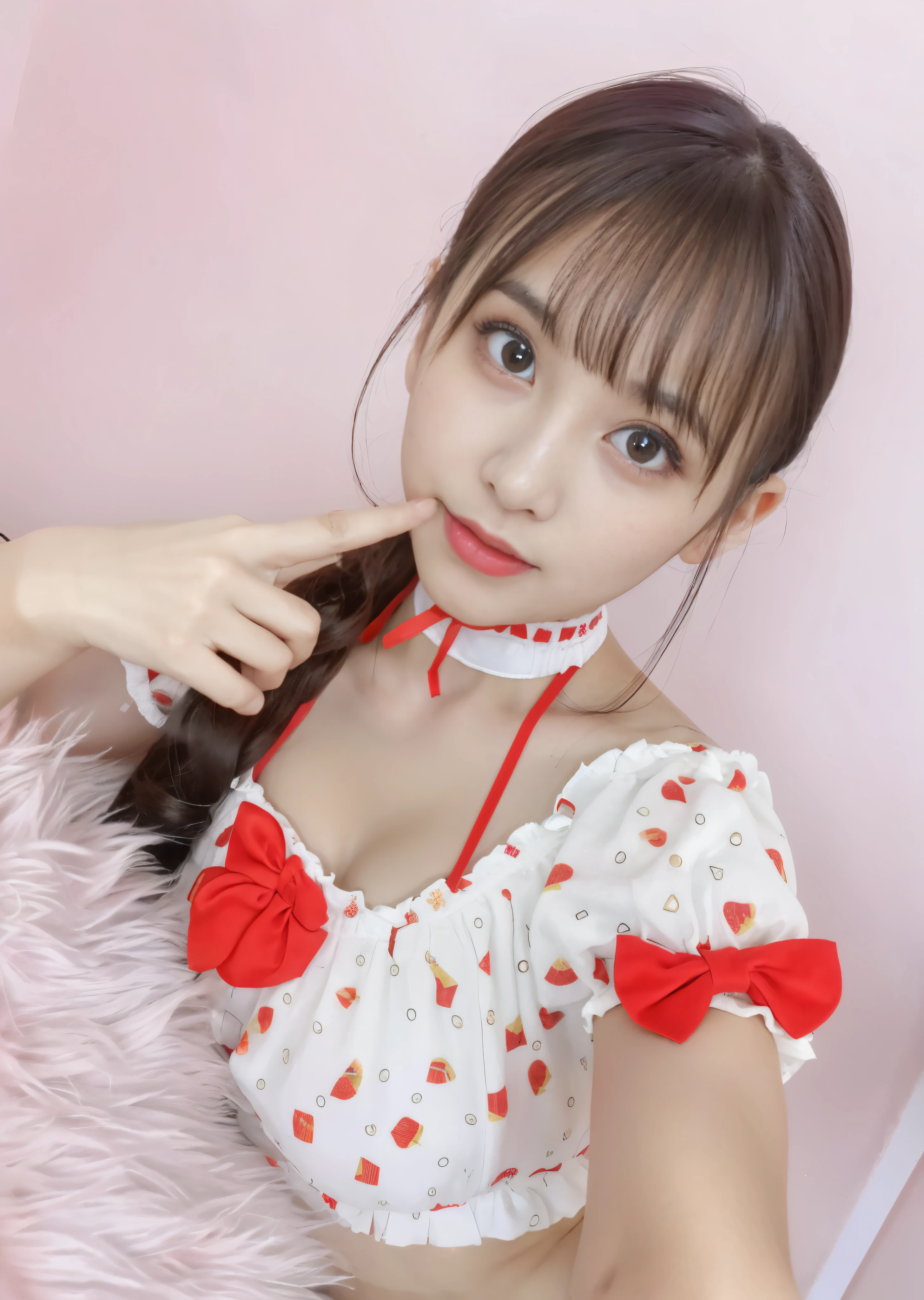 There is a woman wearing a red bow tie and a white top.., , Cute Pretty Girl, sakimi chan, sakimichan, shikamimi, Belle Delphine, Japanese maid cafe, cute core, Ulzzang, beautiful japanese girl face, Also, Genuine young gravure idol, Young and cute gravure idol, anime girl cosplay