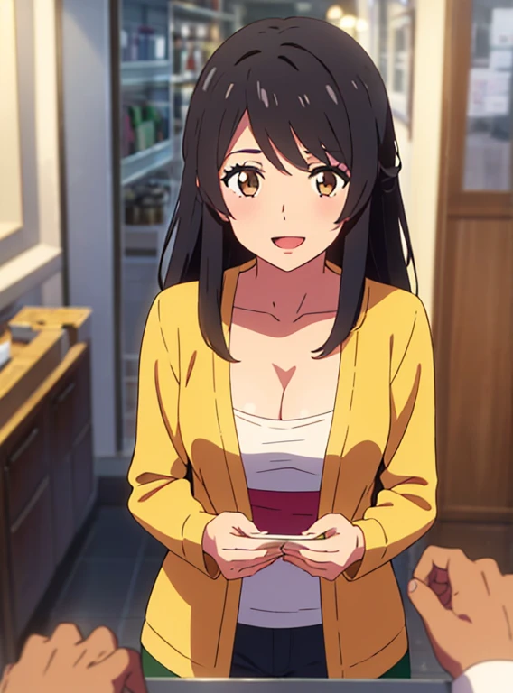 shinkai makoto, kimi no na wa., 1girl, bangs, black hair, brown eyes, open mouth :D, Twisted Half Up, red ribbon, long hair, long sleeve light yellow cardigan, open shirt, yellow shirt, cleavage, breast, medium breast, Orange shirt, name tag written "LUMINE Miyamizu", looking at the viewer, indoors, jewelry products, jewelry shop, jewelry saleswoman, indoors, mall, masterpiece, perfect anatomy, cowboyshot, POV (POV boy's hands holding girl's chest POV